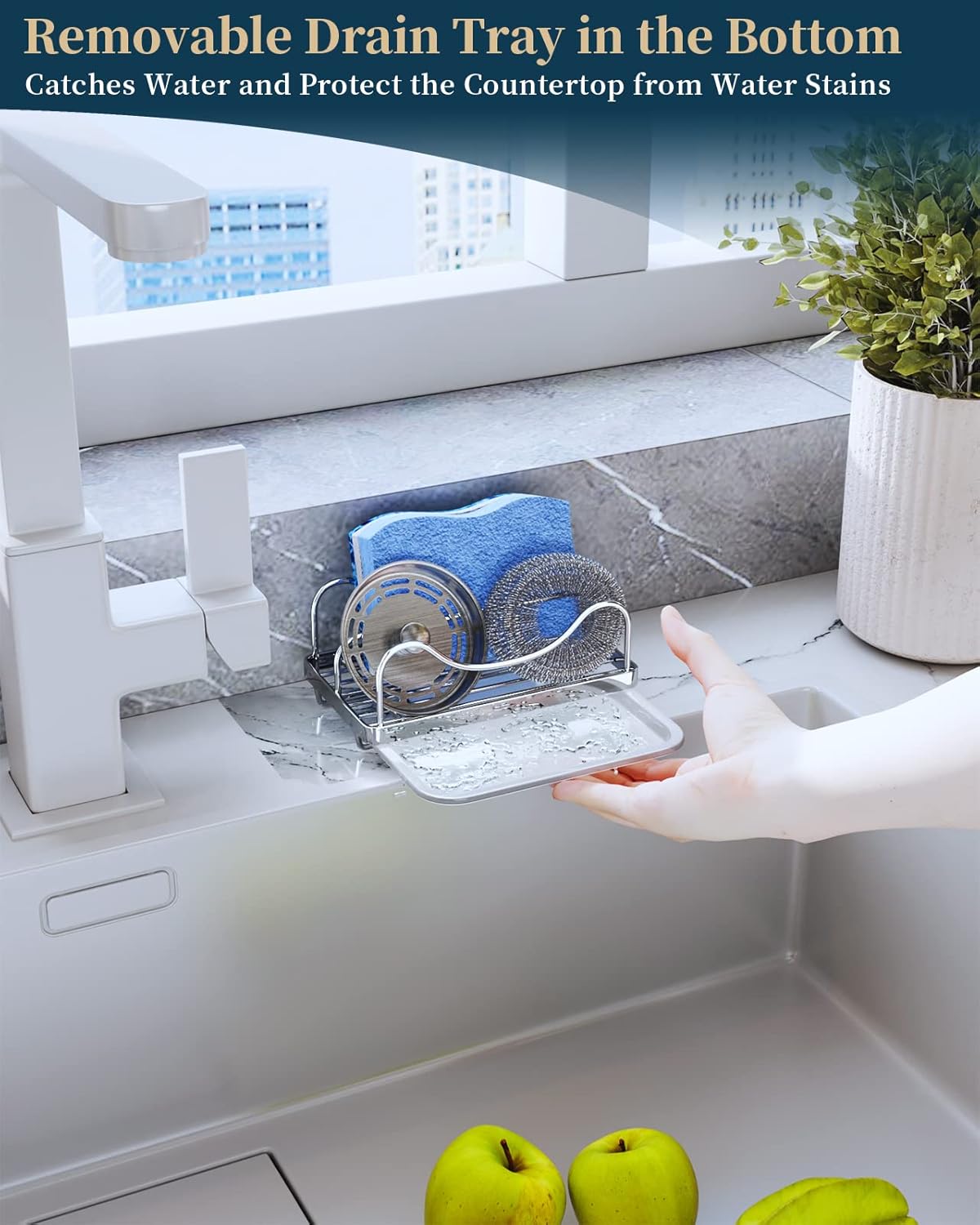 Consumest Sponge Holder for Kitchen Sink - Movable Sink Caddy for Countertop Organizer, 304 Stainless Steel Sponge Holder with Detachable Drip Tray for Kitchen Accessories-Silver