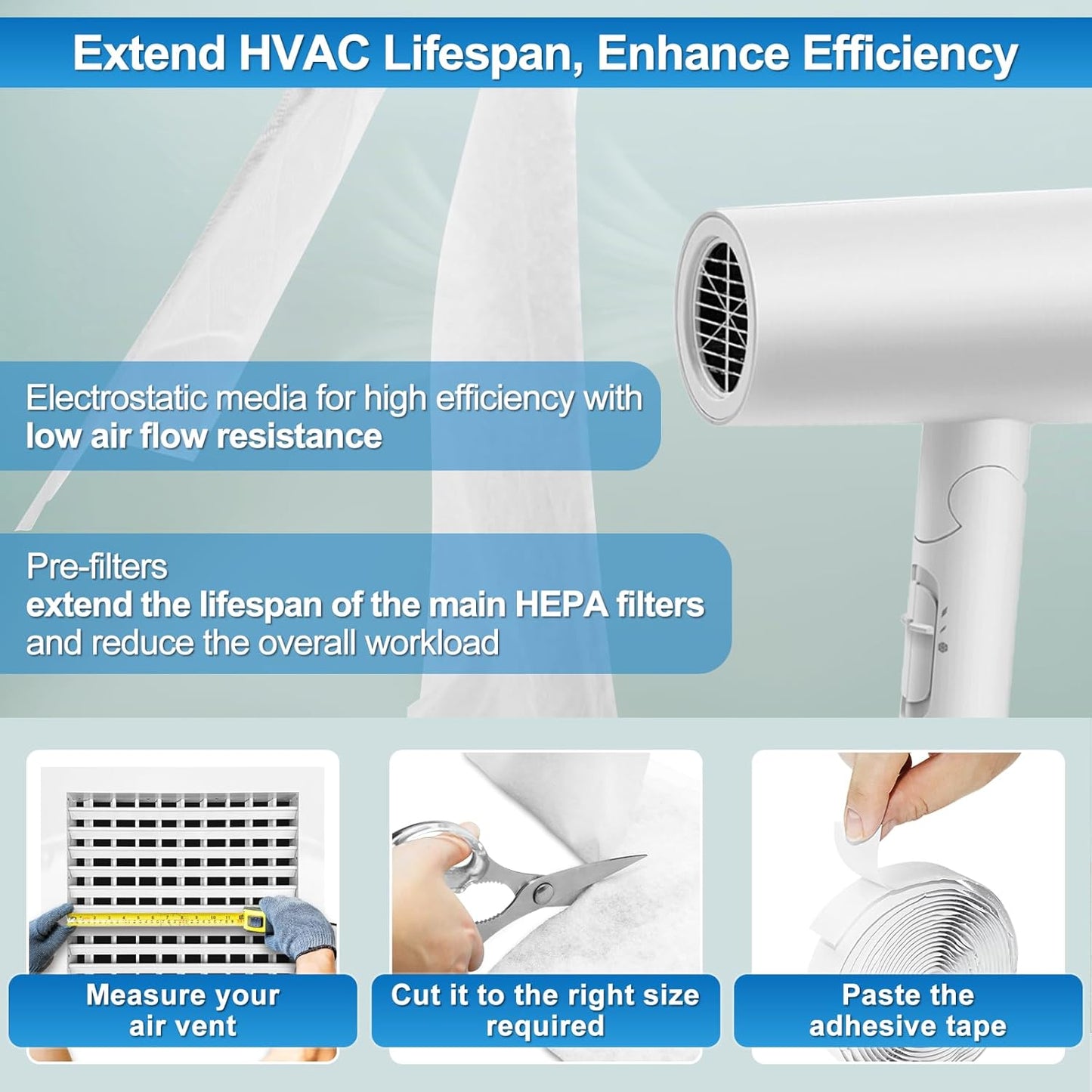 UCINNOVATE MERV 13 Air Vent Filters, 39"x90" Electrostatic Vent Filter Kit with 125" Installation Tape, 24.7 Ft² Cut to Size AC Filter Material for Floor Home Ceiling HVAC