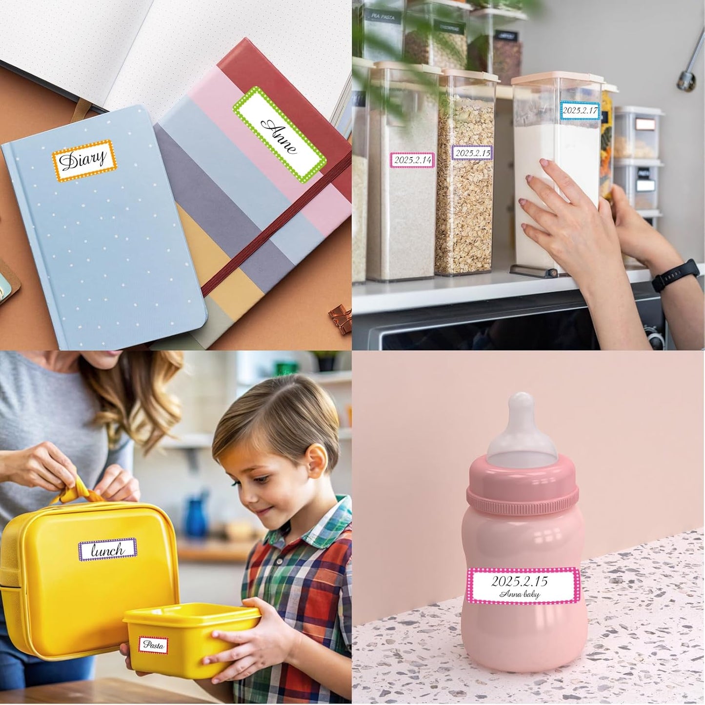 Removable Colored Labels Stickers, Self-Adhesive Rectangular Stickers Star Border Water/Oil/Tear Resistant for Storage/Classroom/Home (2 Size, 300 Labels)