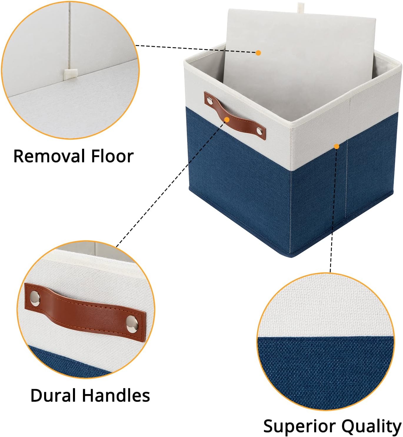 DULLEMELO Fabric Bins for Cube 11x11, Gift Baskets Empty for Boy Girl Mother Father Christmas Festival,Fabric Storage Bins Cube Organizer Baskets With Leather Handles(White&Blue)
