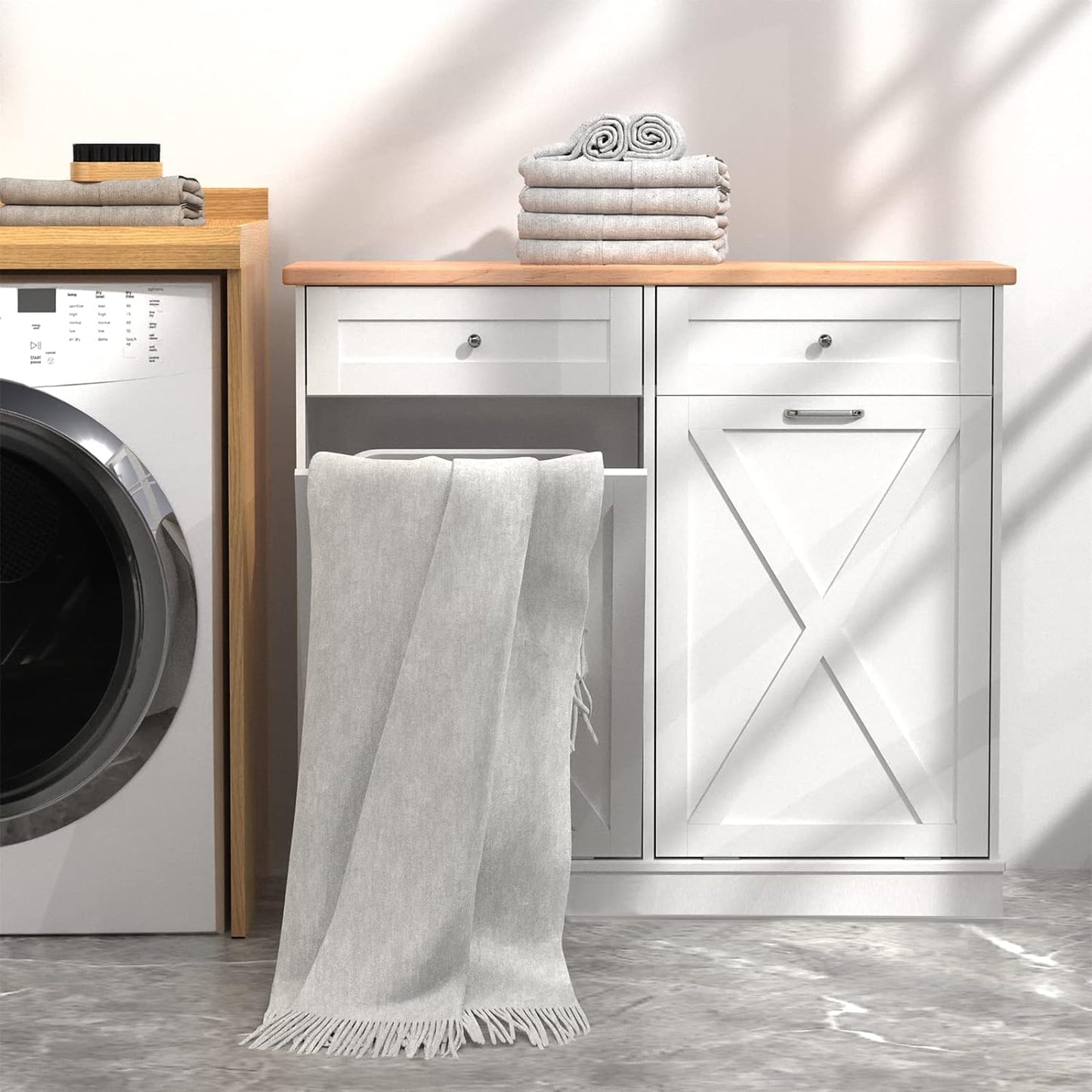 Betterhood Double Tilt Out Trash Cabinet Can Bin Kitchen 20 Gallon Wooden Free Standing Laundry Sorter,Recycling Cabinet with Hideaway Drawer, (White)