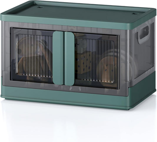 8.4Gal Collapsible Storage Bins with Lids & Wheels - 1 Pack Stackable with Doors, Heavy-Duty Plastic Containers for Home/Office, Green