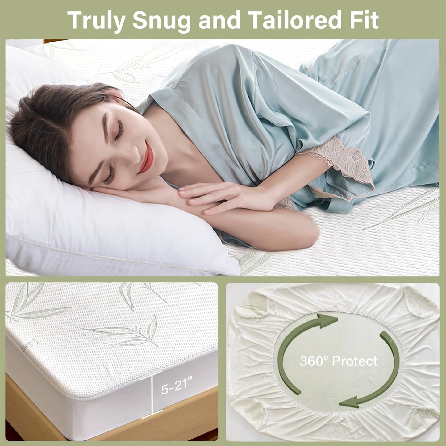 Full Size Mattress Protector Waterproof Mattress Pad Washable Bamboo Rayon Mattress Cover Breathable Noiseless Bed Protector 5" - 21'' Elastic Fitted Deep Pocket