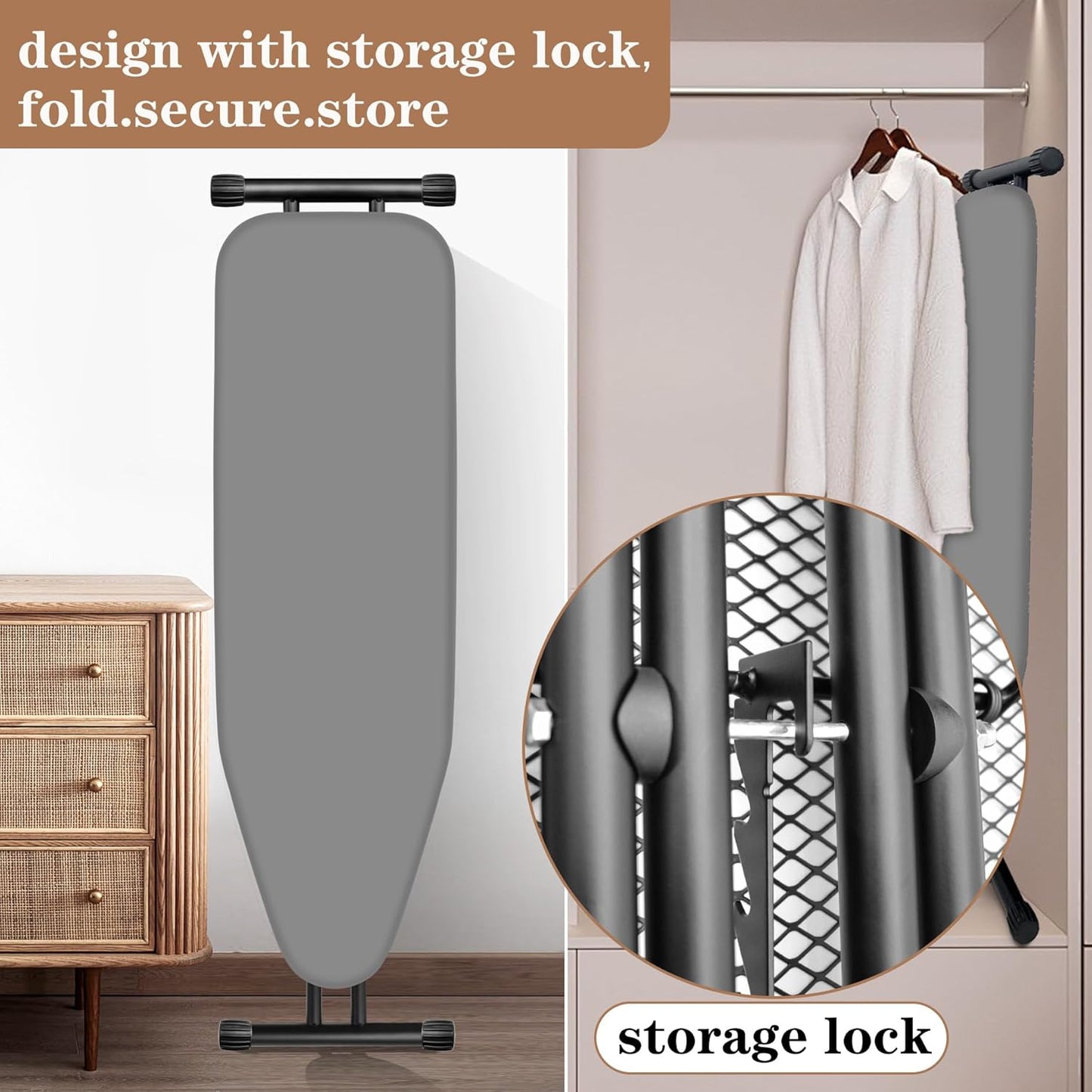 Ironing Board, Compact and Space Saver,Size 13 x 43, Metal Construction Ironing Boards with Extra Thick Heavy Duty Padded, Stable Structure,Skid Feet, Premium Iron Board,Grey