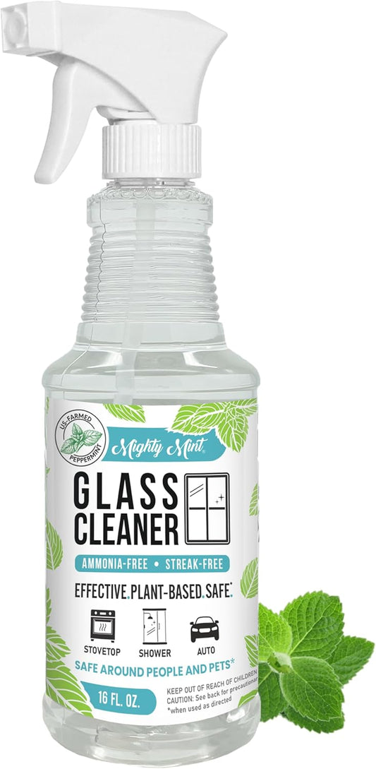 Mighty Mint Glass Cleaner, Ammonia-Free, Streak-Free Spray for Windows, Screens, Stovetop, Bathroom, Natural Peppermint Scent, 16oz