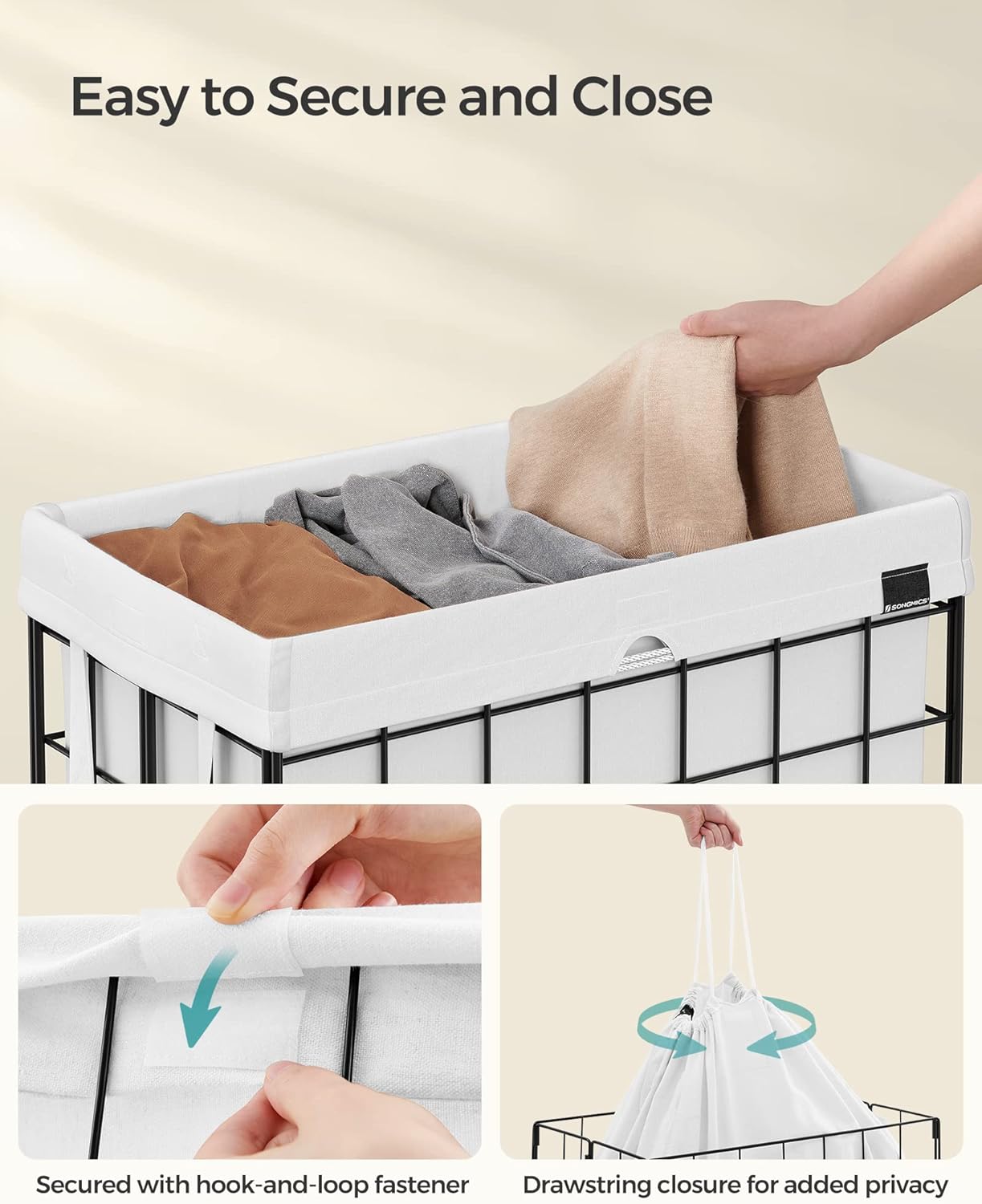 SONGMICS Laundry Hamper, 29 Gal. (110L) Laundry Basket, Collapsible Clothes Hamper, Removable and Washable Liner, Metal Wire Frame, for Bedroom Bathroom, Cream White ULCB111W01