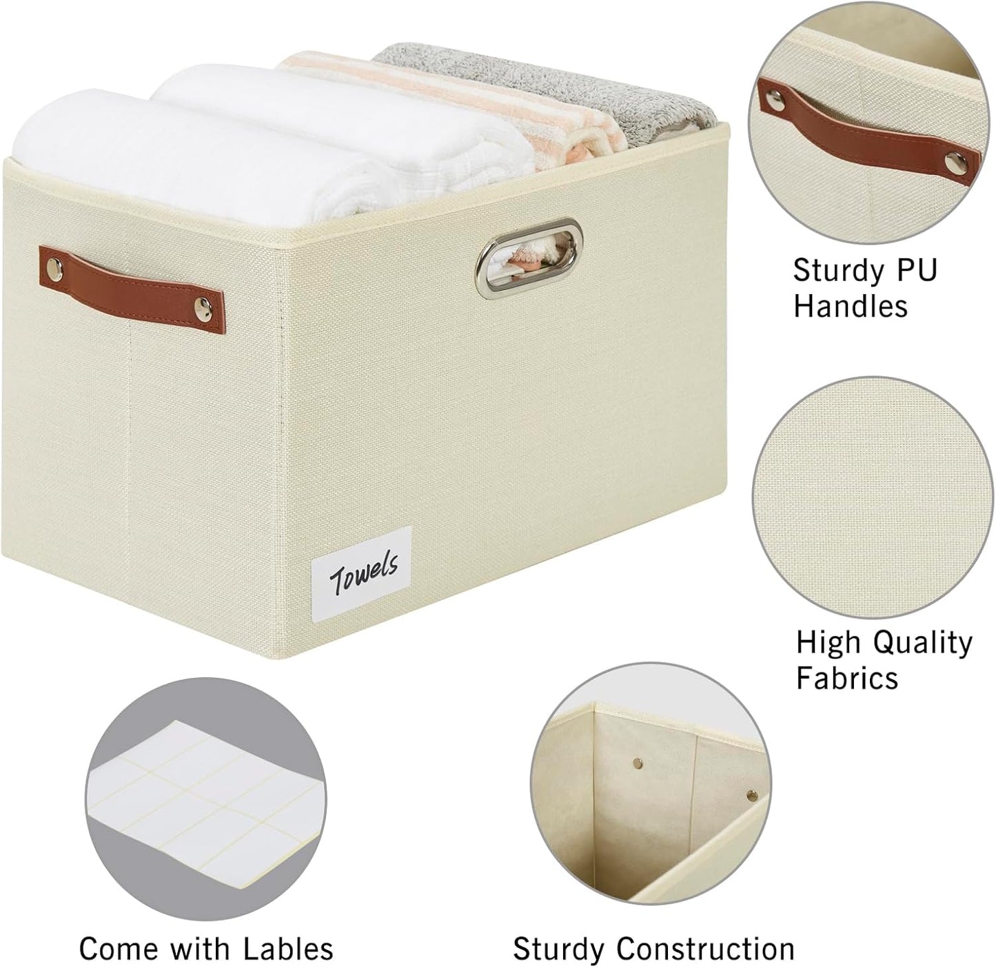 Large 3-Pack Foldable Fabric Storage Bins with Durable PU & Metal Handles, Collapsible Storage Baskets for Shelves, Home Storage, Closet Organizers, Living Room(14.9"x9.8"x9.8", Beige)