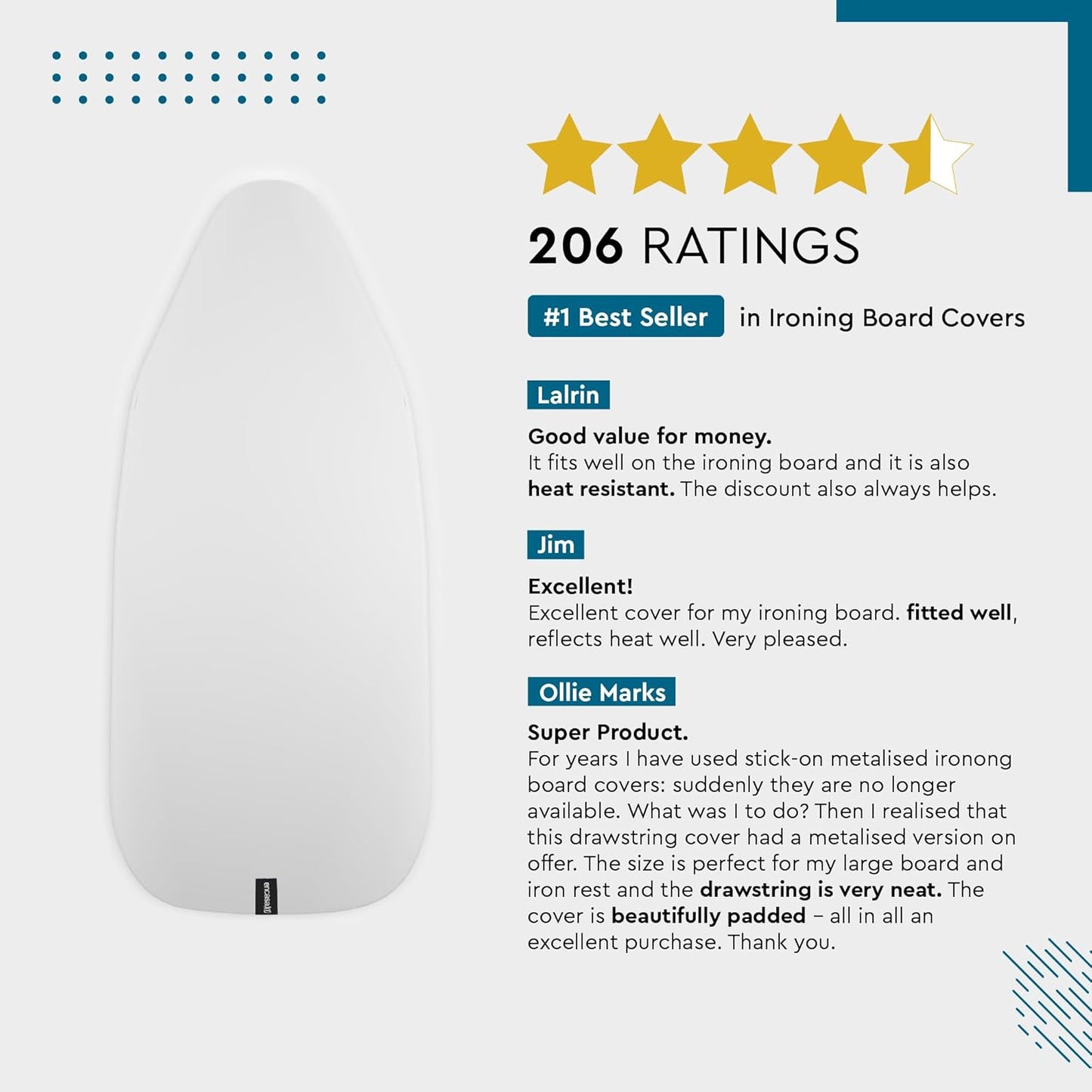 Encasa XO Ironing Board Cover and Pad 54"x15" - Thick 2mm Foam Padding, Drawstring Tightening & Lock, Heat Reflective, Scorch & Stain Resistant, Standard Large Ironing Board - Silver Premium