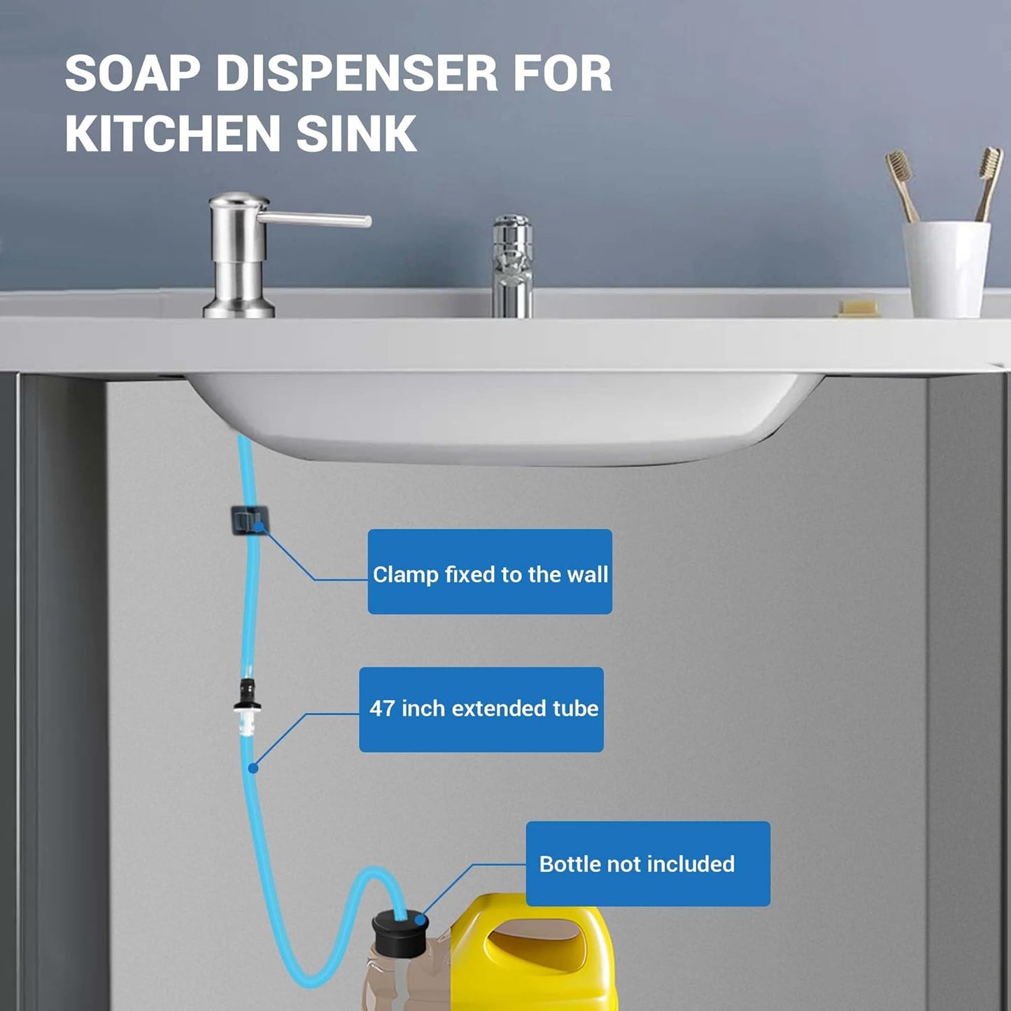 Yofidra Soap Dispenser for Kitchen Sink: Built in Sink Soap Dispenser Pump, Brushed Nickel Stainless Steel Sink Soap Dispenser with 47” Tube Kit Fit for Kitchen Bathroom in Counter