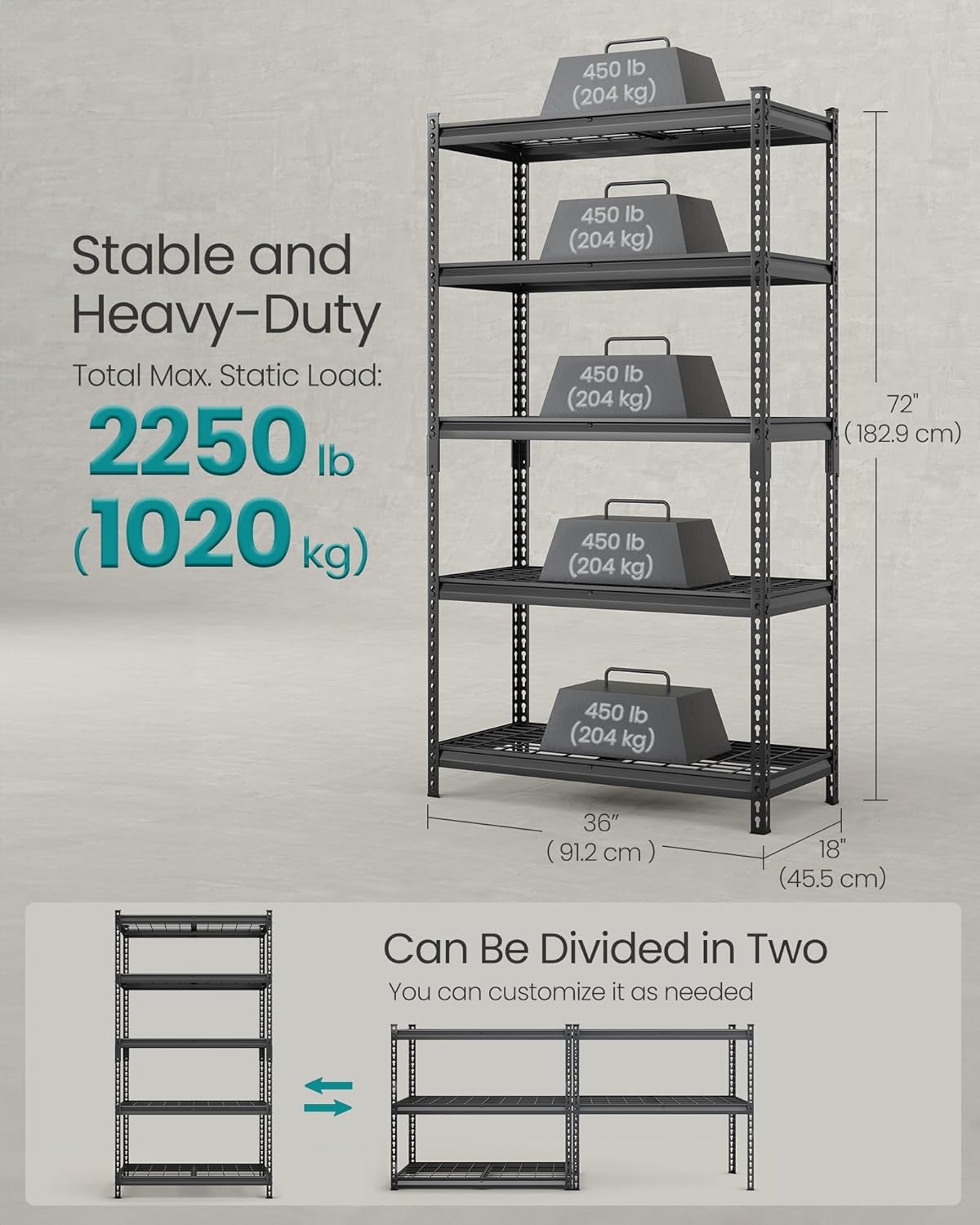SONGMICS 5-Tier Storage Shelves, Heavy-Duty Garage Shelving, Adjustable Shelving Unit, Steel Shelf, Boltless Assembly, for Garage, 2,250 lb Load, 18 x 108 x 72 Inches, Ink Black UGLR453B03