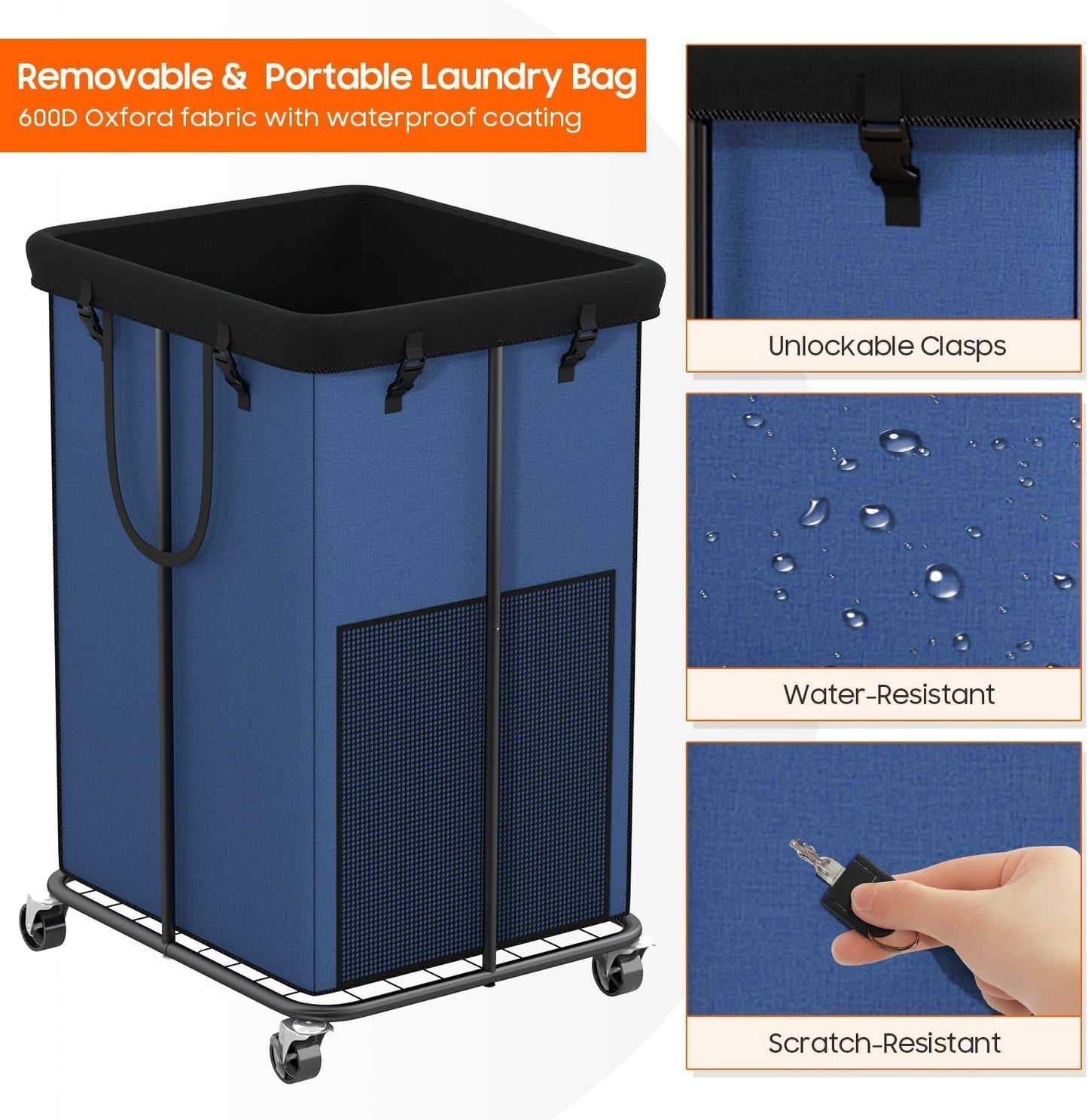150L Laundry Hamper with Wheels, Rolling Laundry Basket with Metal Frame and Removable Bag, Large & Tall Dirty Clothes Hampers for Bedroom Aesthetic, Laundry Room, Bathroom, Dorm-Blue