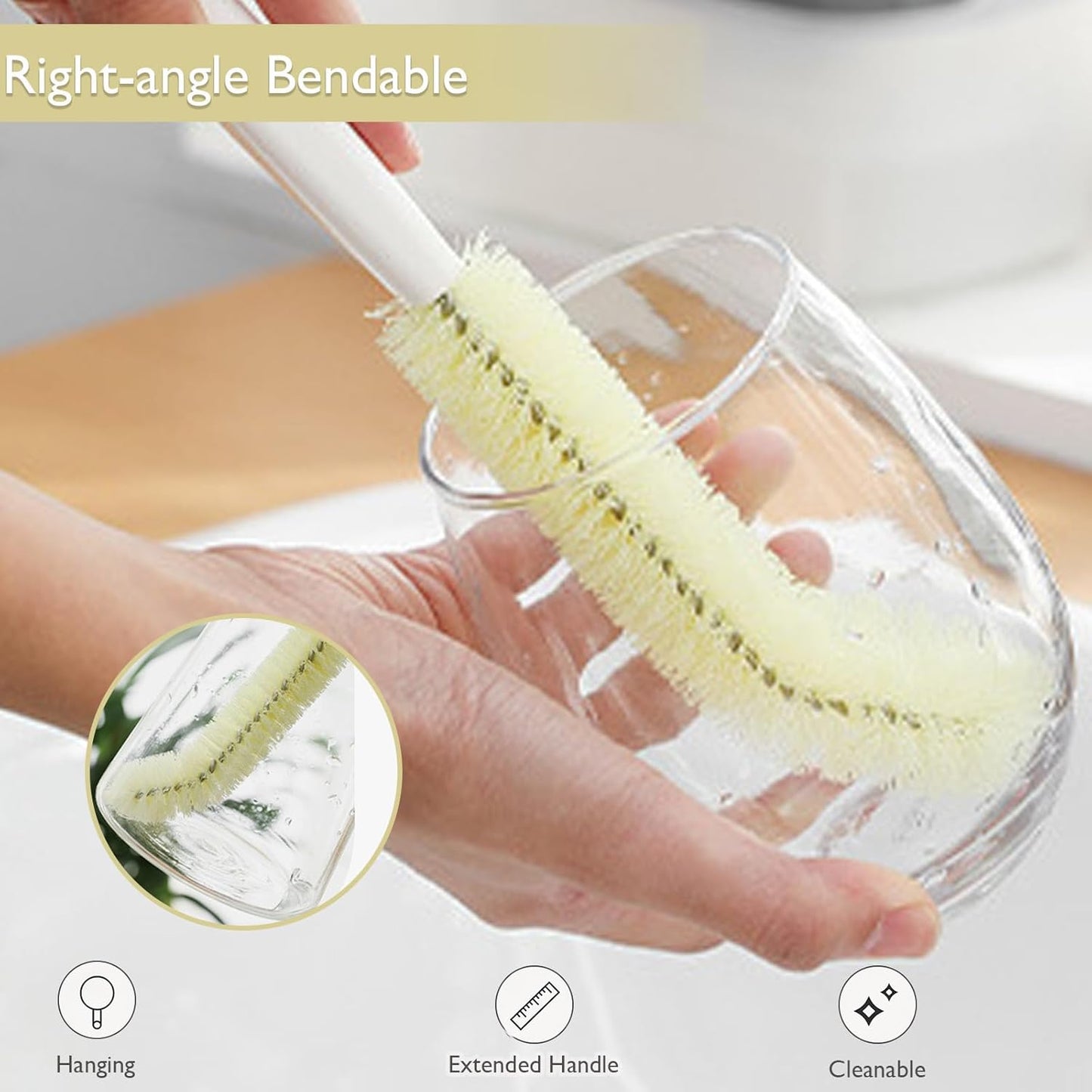 2-Pack 16 inches Long Handle Bottle Cleaning Brushes - Ideal for Coffee Glasses, Pots, Milk Cups, Mugs, Wine Bottles, and Baby Bottles (Beige)