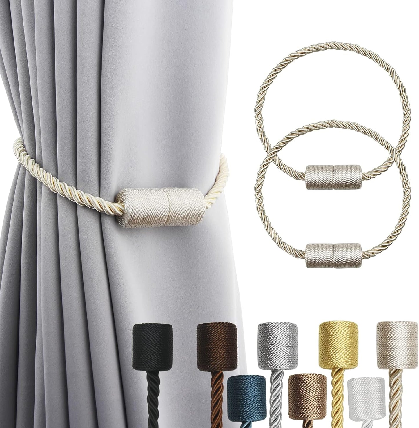 2 Pack Beige Strong Magnetic Curtain Tiebacks Outdoor Elegant Decorative Tie Backs Modern Rope Tiebacks for Drapes Window Curtain Holdbacks for Draperies