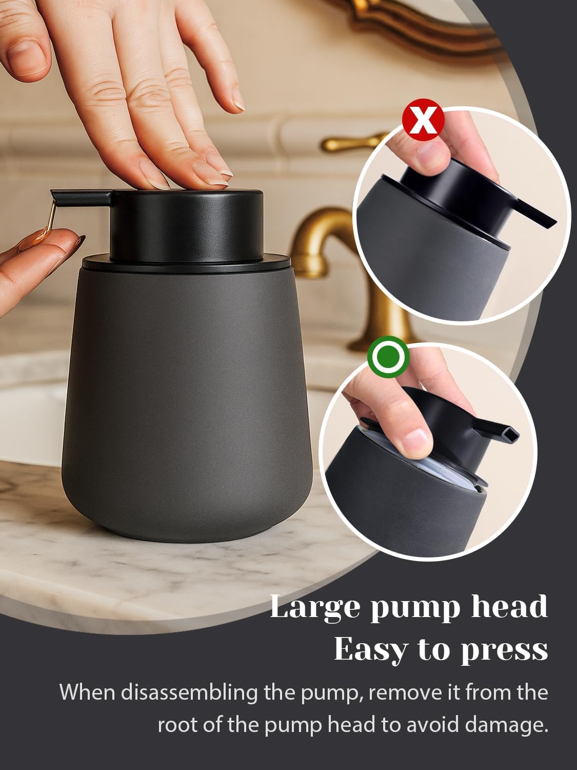 INGOFIN Ceramic Lotion Dispenser - 12oz Refillable Hand Soap Dispenser Bathroom, Modern Liquid Soap Dispenser with Pump, Dish Dispenser for Kitchen, Matte Grey