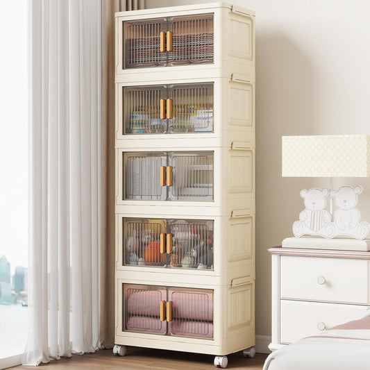 5 Tier Stackable Plastic Storage Bins with Lids 58QT, Collapsible Closet Organizers and Storage with Wheels for Living Room,Office,Dorm