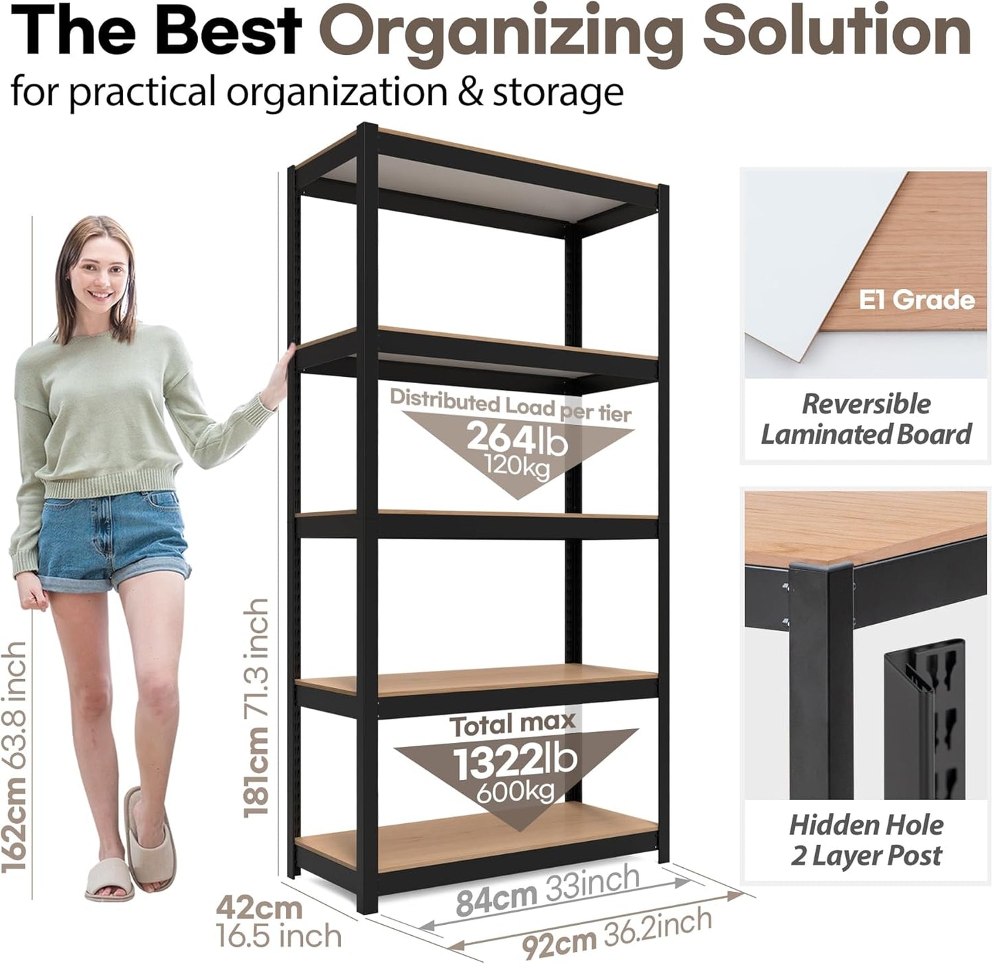 HOMEDANT House Black 5-Tier Laminated Metal Shelving Unit Adjustable Storage Utility Rack Heavy Duty Shelves Organization Shelf Kitchen Garage Pantry Closet 4Pack