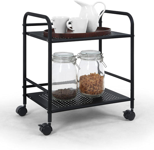 SunnyPoint 2-Tier Metal Rolling Utility Cart – Mobile Storage Shelf with Caster Wheels – Small Space Organizer for Home, Office, Bedroom, Kitchen (BLK)