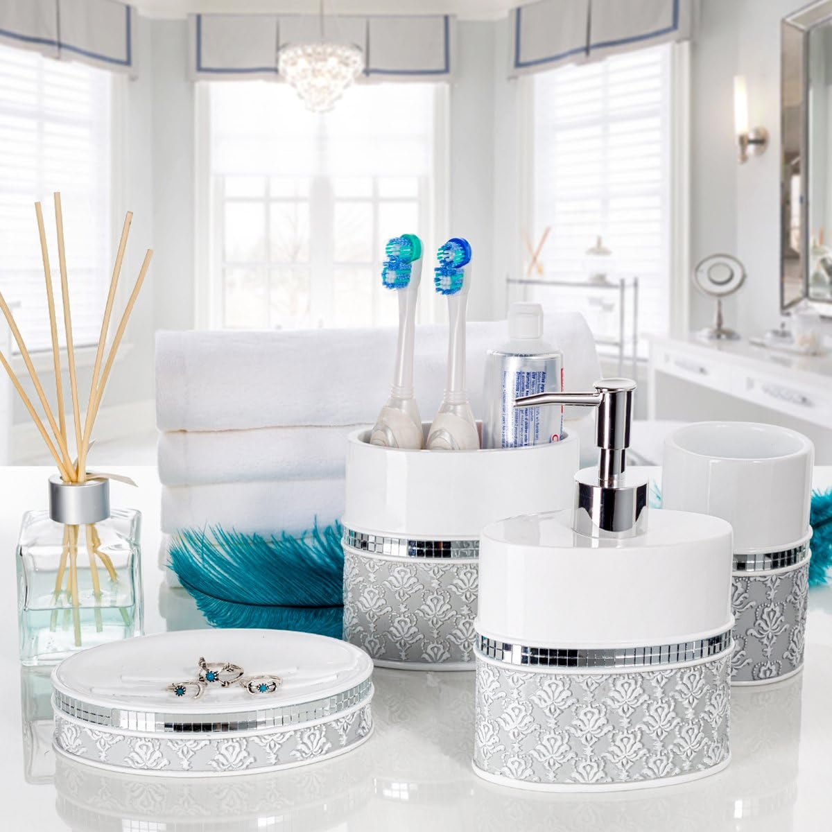 Creative Scents Mirror Damask White and Gray Bathroom Accessories Set - 6 Piece Bathroom Accessory Set Includes: Trash Can, Tissue Box Cover, Soap Dispenser, Soap Dish, Toothbrush Holder & Tumbler