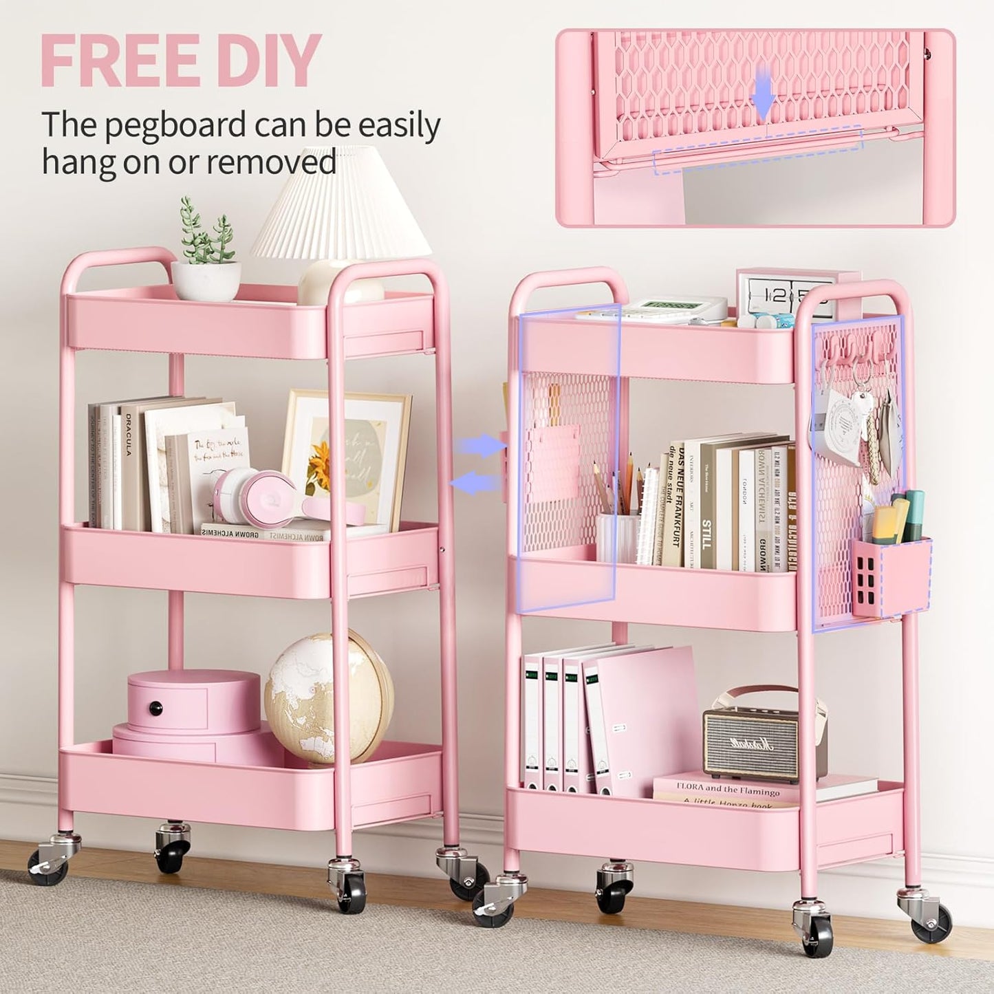 TOOLF 3 Tier Rolling Cart Storage Organizer, Metal Rolling Utility Cart with Wheels, Hooks & Bins Esthetician Craft Art Sturdy Storage with Pegboard for Bathroom, Kitchen, Office, Nursery Diaper