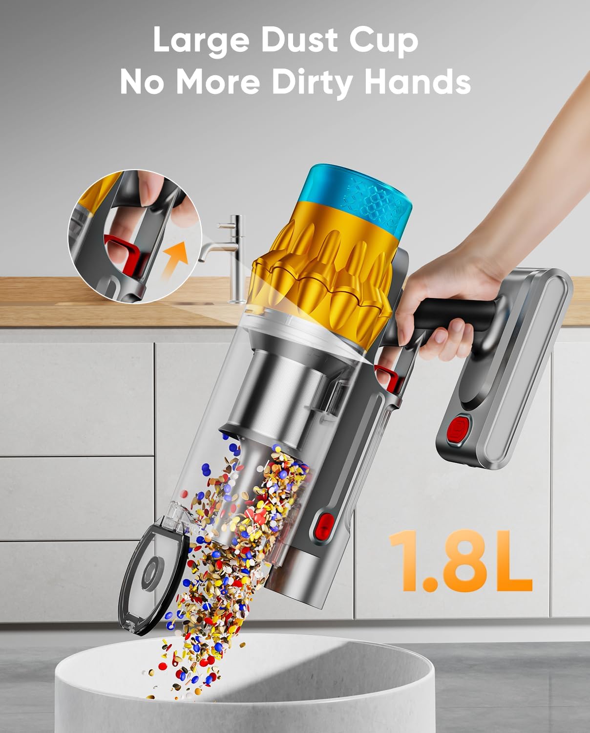 Cordless Vacuum Cleaner, 600W/50KPA, Max 70 Mins Runtime, Self-Standing Vacuum Cleaners for Home, Anti-Tangle Stick Vacuum, Smart Display Vacuum Cordless with 1.8L Cup for Pet Hair/Carpet (Red)