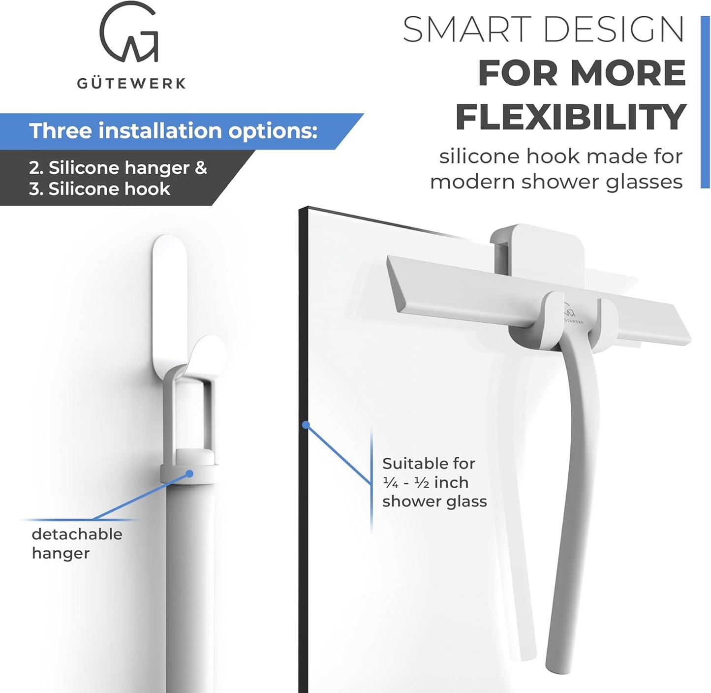 GÜTEWERK Shower Squeegee for Glass Doors, Silicone Window Squeegee, Bathroom and Glass Cleaning - White - 11 Inch