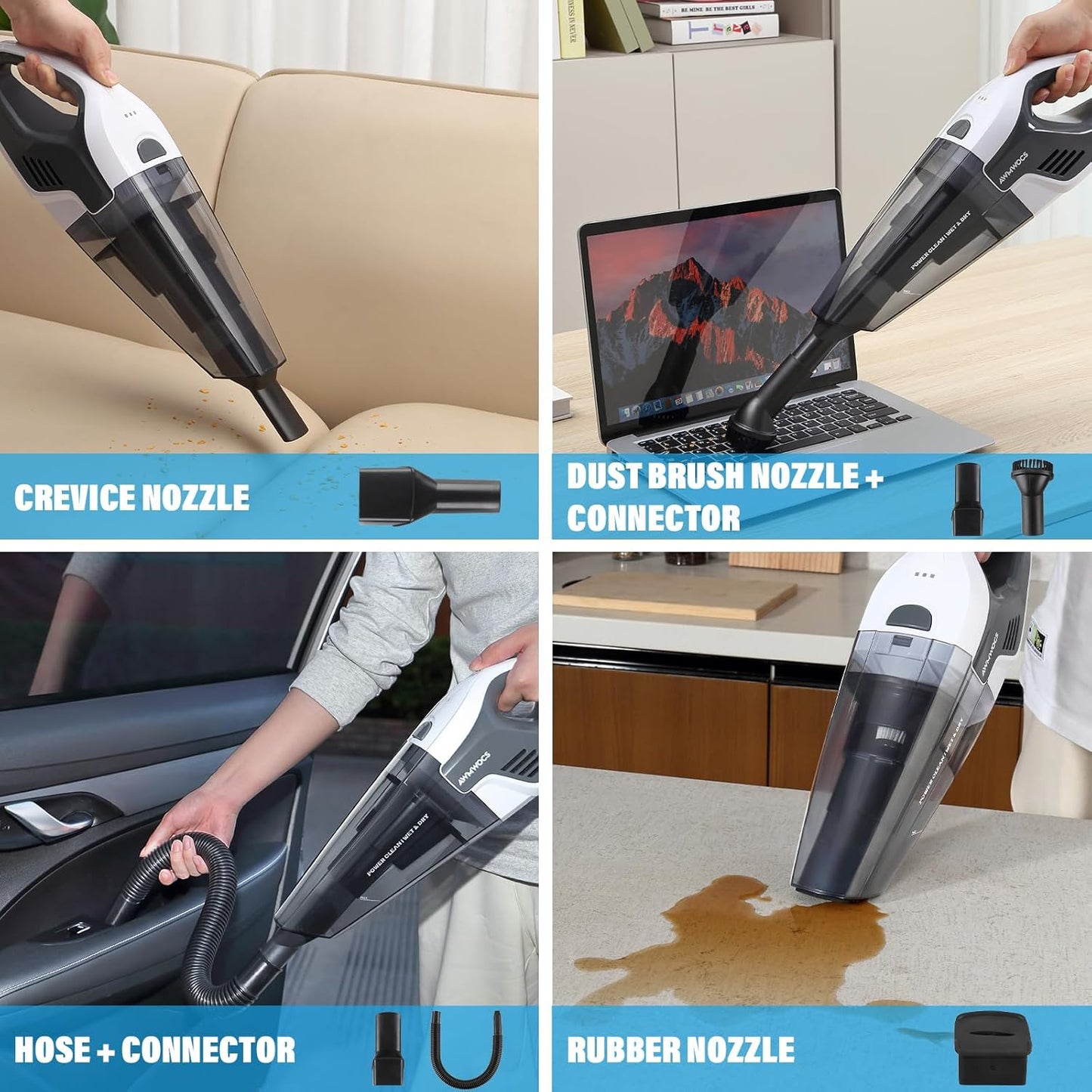 9700Pa Handheld Vacuum Cordless, 100W Portable Car Vacuum, Wet Dry Hand Held Vacuum, Lightweight Low-Noise Washable HEPA Filter Vacuum Cleaner for Car/Home/Pet/Office