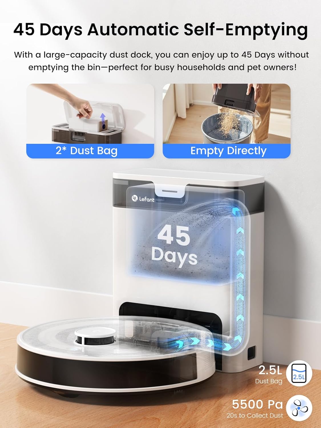 Lefant LiDAR Robot Vacuum and Mop, 45-Day Self-Emptying, 190° PSD Obstacle Avoidance, Customized Cleaning, Multi-Floor Mapping, 5500Pa Strong Suction, 140 Min Runtime, WiFi/Alexa/APP/iWatch, M2 Pro