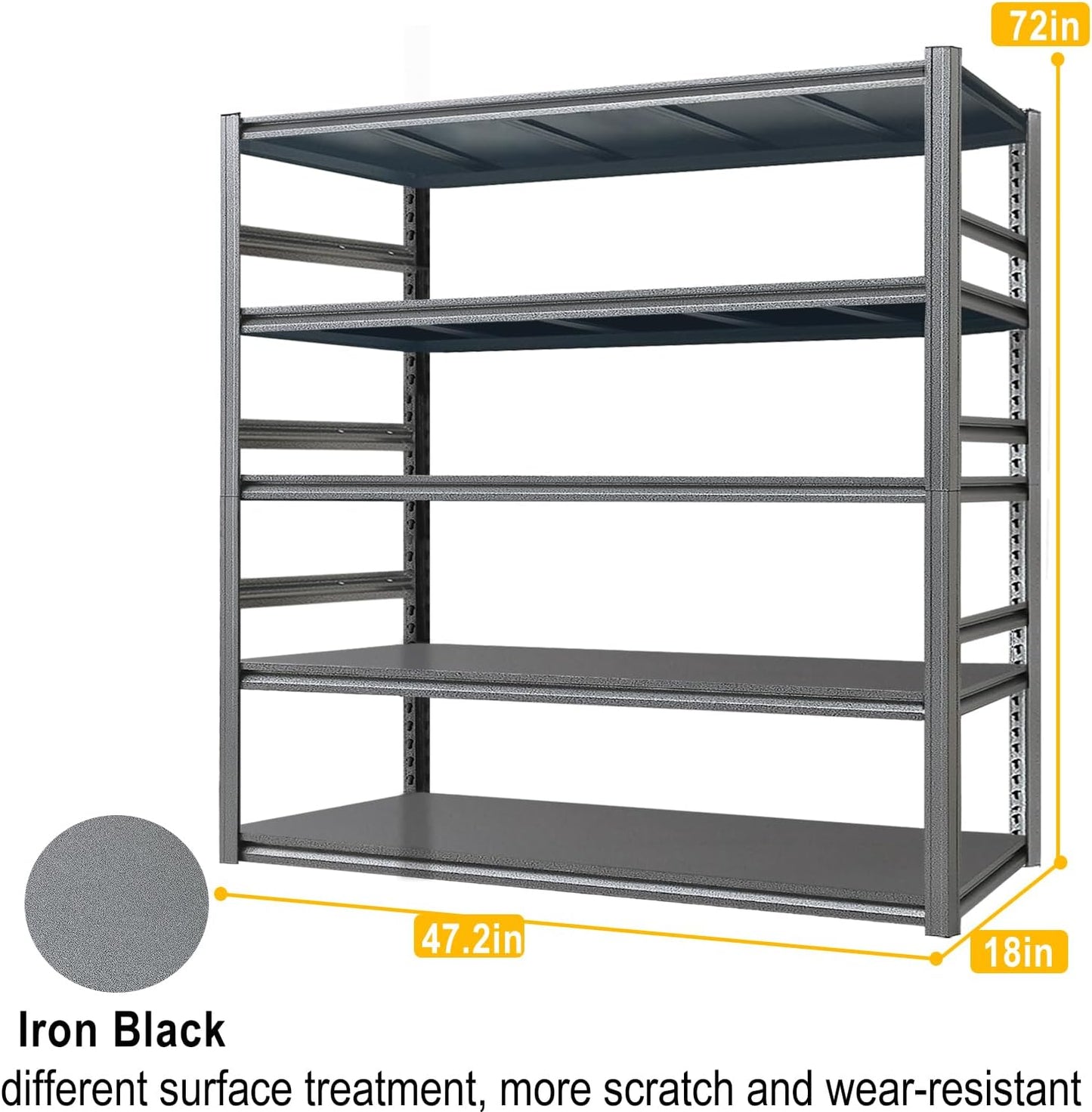 Storage Shelf 5-Tier Garage Shelving, Industrial Shelving with Guardrails, 2500LB Boltless Metal Shelves Heavy Duty for Storage Room, Warehouse, 18" D x 47.2" W x 72" H, Iron Black