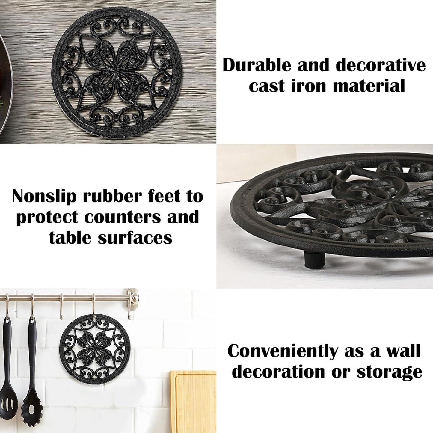 JUXYES 2 PCS Decorative Cast Iron Metal Trivet with Rubber Feet, Vintage Heat Resistant Iron Mat for Hot Dish Pot Pan Plate Teapot, Round Trivet Mat Hot Pot Holder Pads for Kitchen Or Dining Table