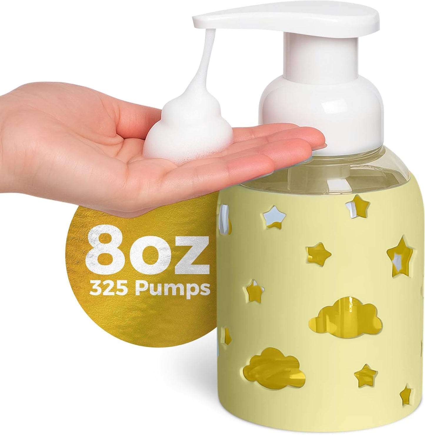 SoCal Suds & Company Glass Foaming Hand Soap Dispenser, Soft Grip Silicone Sleeve, Refillable Pump Bottle for Kids, Baby Wash & Shampoo, Ideal for Home Use, Light Yellow 8oz
