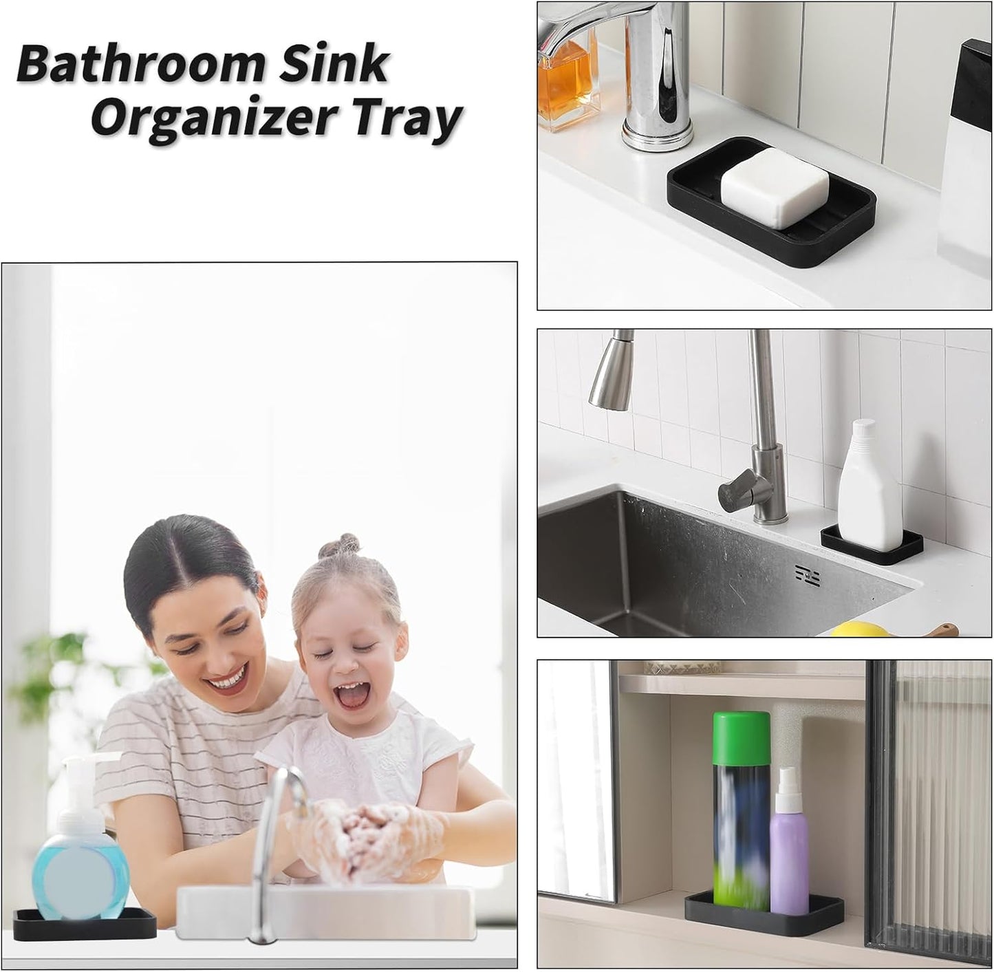 Silicone Kitchen Sink Organizer Tray for Multiple Usage,Easy Clean Sponges Holder for Kitchen Bathroom Counter or Sink,Dish Soap Dispenser,Scrubber,Bottle,Cup Black 4.9”x 3.2”