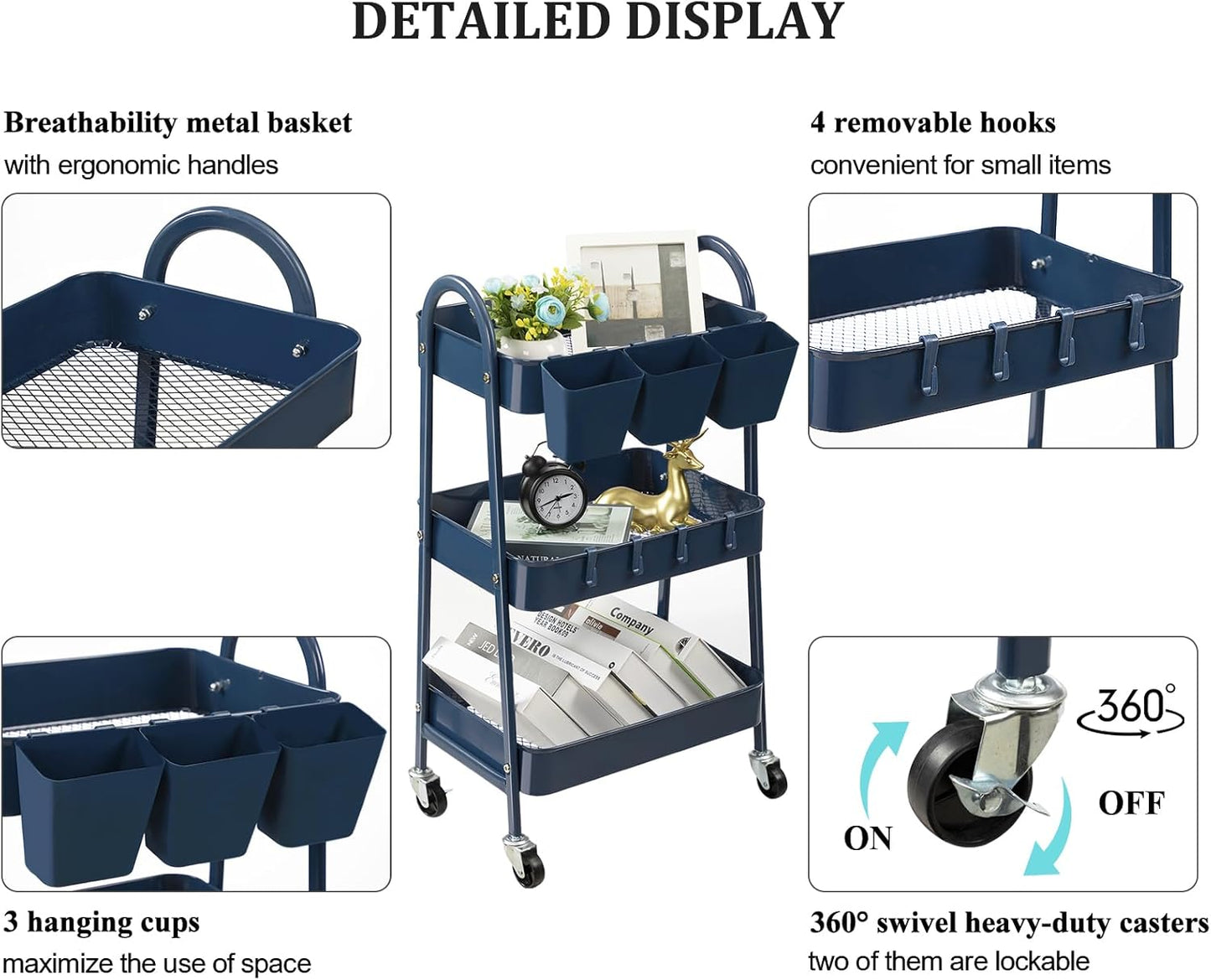 danpinera 3-Tier Rolling Cart, Metal Rolling Storage Cart with Lockable Wheels & Hanging Cups & Hooks, Mobile Trolley Cart for Kitchen, Bathroom, Office, Workshop, Dark Blue