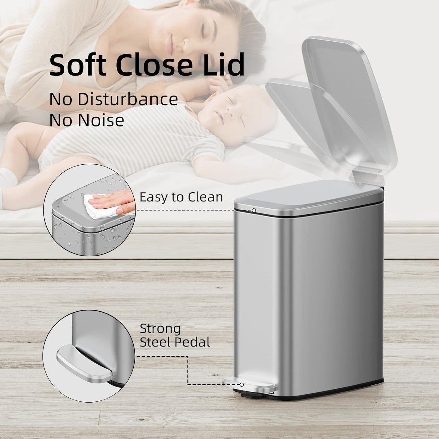 KUK Slim Bathroom Trash Can with Lid, 1.6 Gal / 6L Stainless Steel Small Garbage Bin with Detachable Inner Bucket, Step Pedal, Silent Close, Wastebasket for Toilet, Bedroom, Home, Office (Silver)