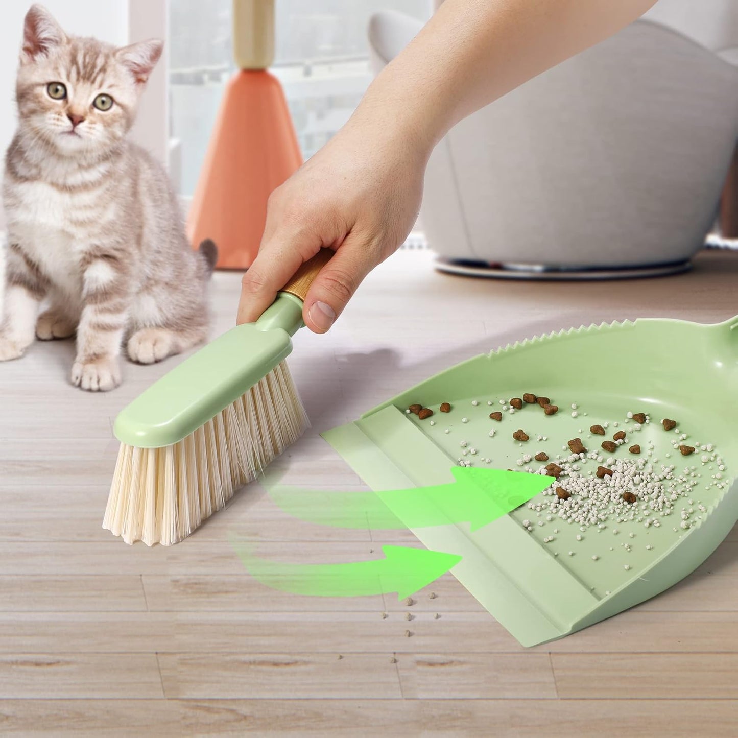 Dust Pan and Brush Set - Small Dustpan and Brush Set, Handheld Broom and Dustpan Set, Brush and Dust Pan Set for Car, Pet Care, Office, 14 x 8.7 inch, Green