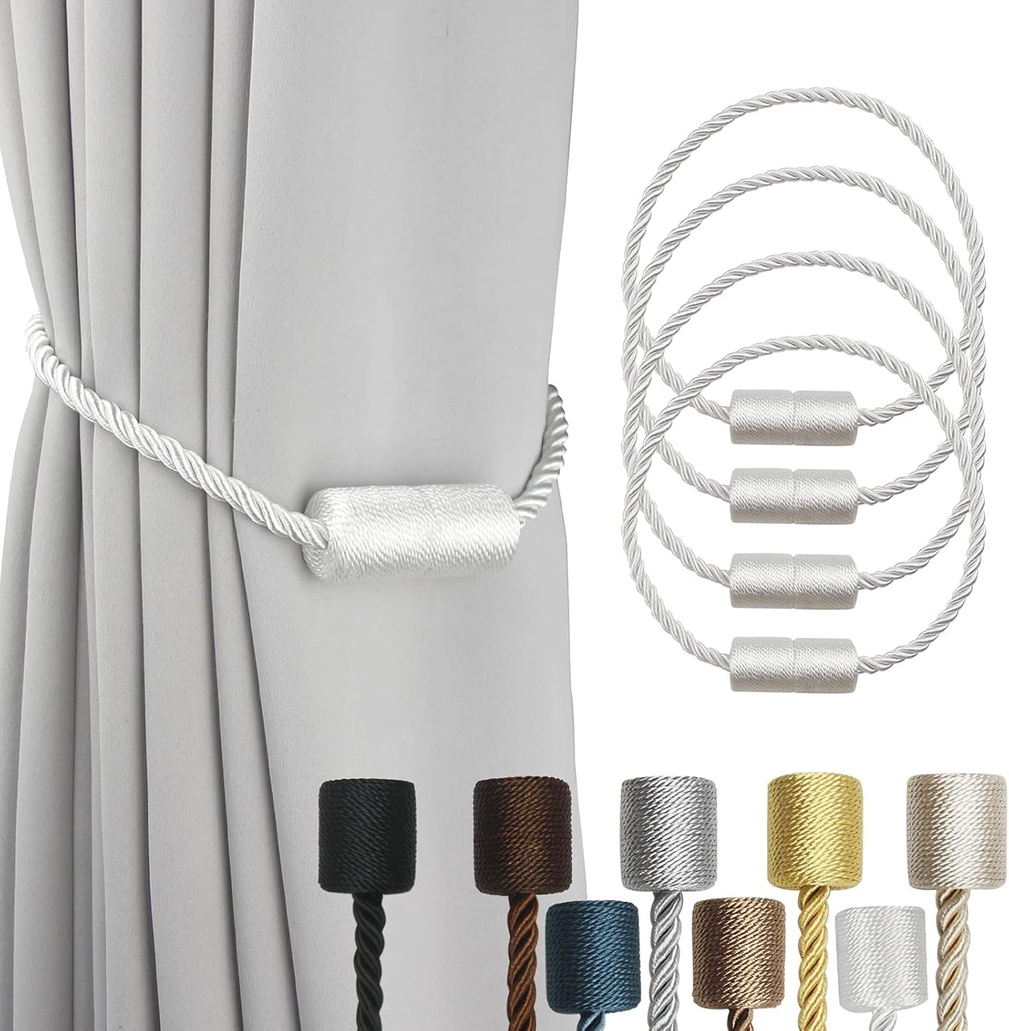 4 Pack White Strong Magnetic Curtain Tiebacks Outdoor Elegant Decorative Tie Backs Modern Rope Tiebacks for Drapes Window Curtain Holdbacks for Draperies
