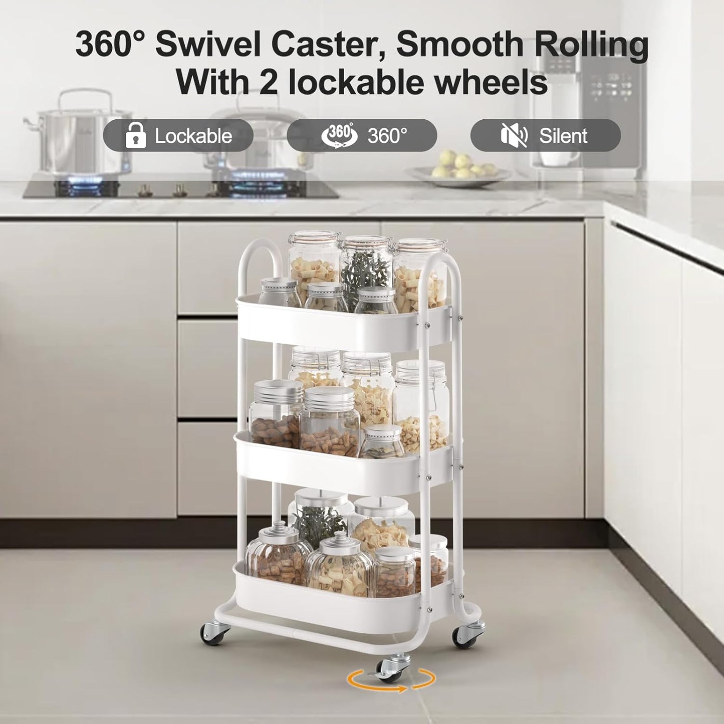 EAGMAK 3 Tier Rolling Cart, Round Metal Utility Cart with Lockable Wheels, Storage Cart Organizer Trolley with Mesh Shelves for Living Room, Kitchen, Bedroom, Office(White)