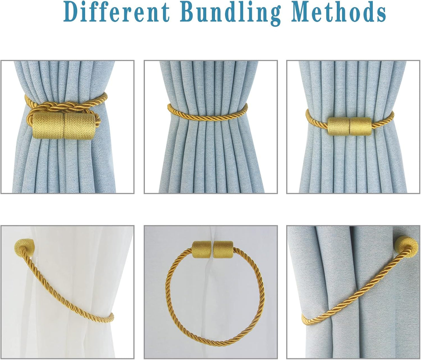 Magnetic Curtain Tiebacks 6 Pack Gold Curtain Rope Tieback Curtain Holders for Drapes Modern Tie Backs Decorative Curtain Holdbacks