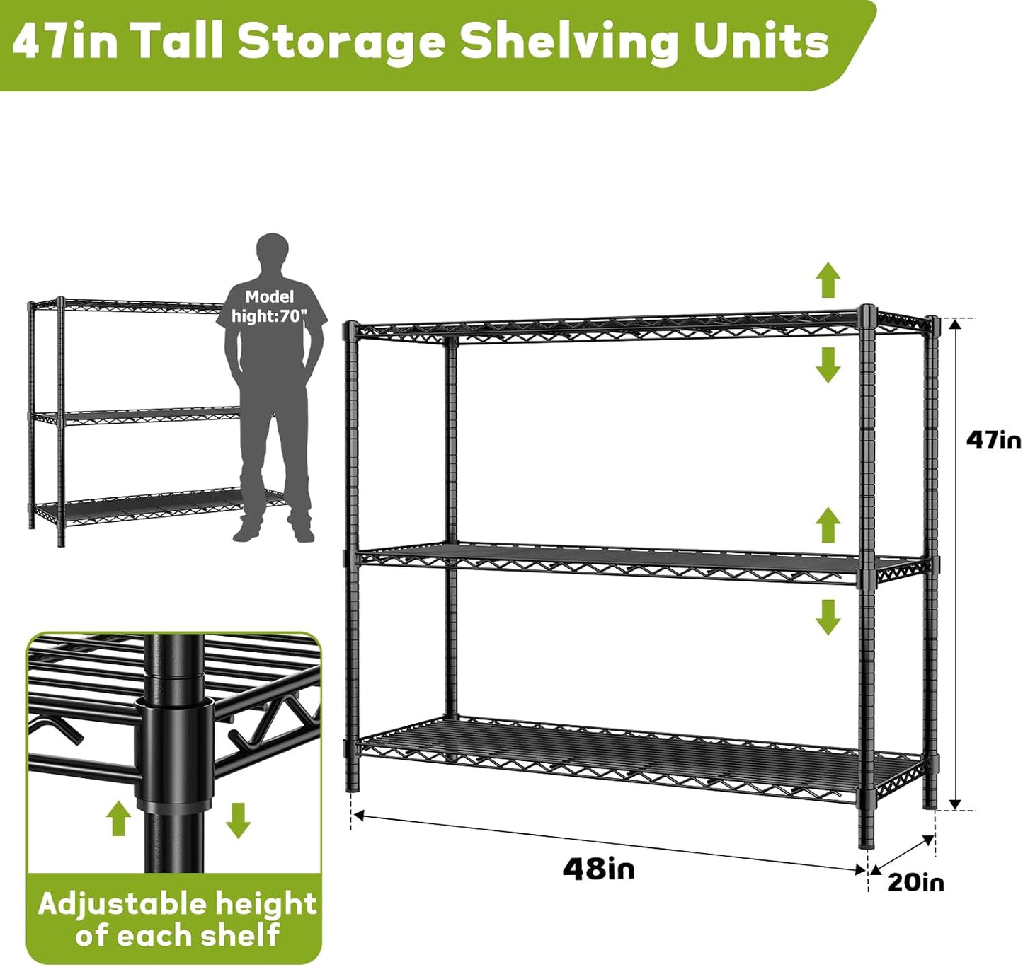 Storage Shelves, 4 PCS 48" L x 20" W x 47" H Heavy Duty Garage Wire Shelving Unit Loads 1200LBS, 3-Tier Adjustable Metal Industrial Utility Shelf Rack for Kitchen, Laundry Room, Basement