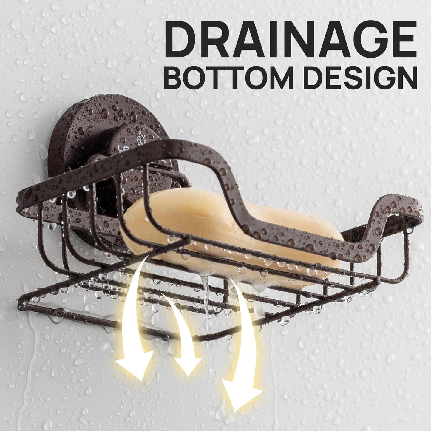 LEVERLOC Soap Dish, Soap Bar Holder for Shower Suction Cup Wall Mounted, Stainless Steel No-Drilling Removable Waterproof Sponge Holder for Bathroom Bathtub Kitchen Sink, Keep Dry, Brown