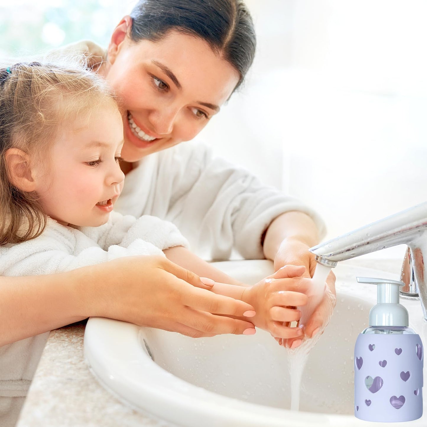SoCal Suds & Company Glass Foaming Hand Soap Dispenser, Heart Silicone Sleeve, Refillable Pump Bottle for Kids, Baby Wash & Shampoo, Ideal for Home Use, Soft Purple 8oz