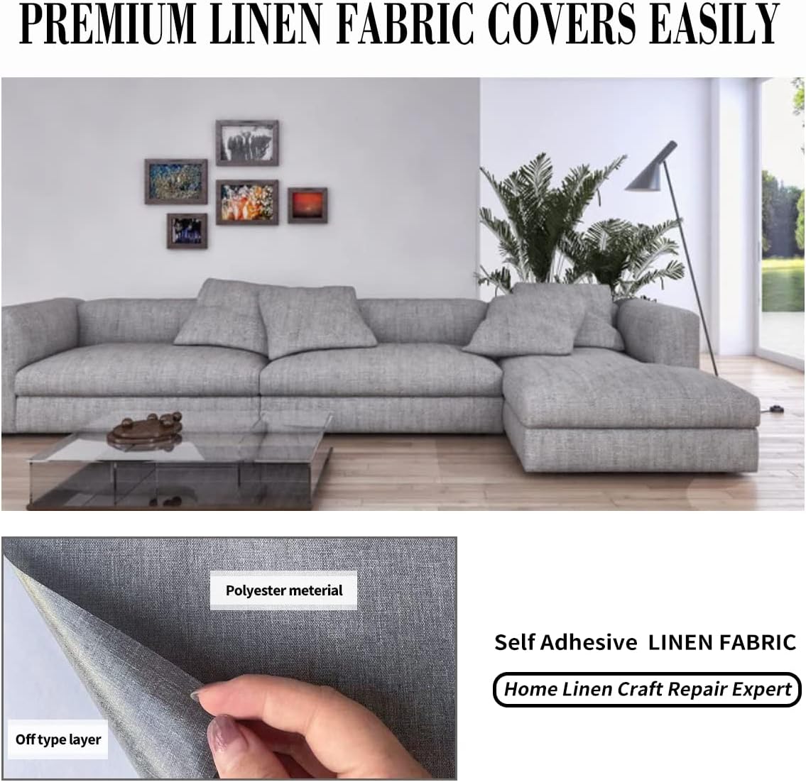 Fabric Repair Patches, 17X158 Inch Linen Repair Tape Self-Adhesive Fabric Patches Durable, DIY Large Linen Tape for Sofa, Couches, Furniture, Chair, Clothing （17X158 Inch, Black）