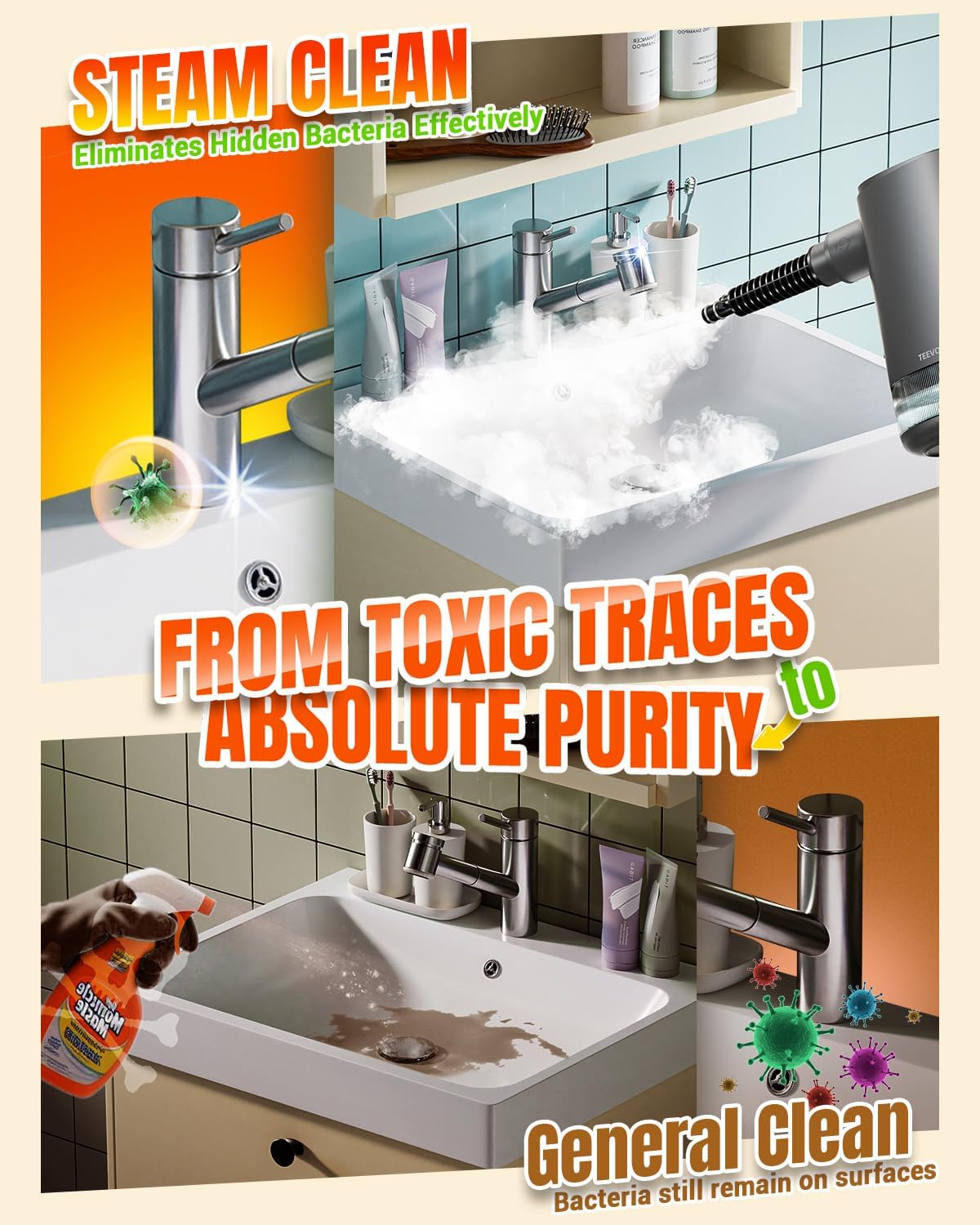 Handheld Steam Cleaner for Home, Portable Steamer Cleaner with 12 Accessories, 15S Fast Heat Up, Steam Adjustable, Steamer for Cleaning Grout, Floor, Kitchen, Bathroom, Windows, Black