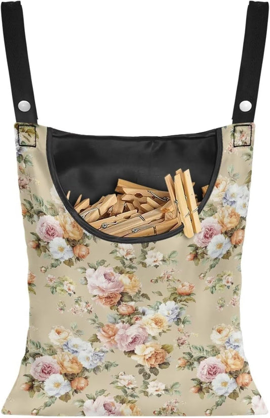 Clothespin Bag with Large Capacity for Mini Clothespins and Wooden Clothespins with Large Opening Storage Organizer Space-Saving Laundry Hanging Bag - Flower Pattern