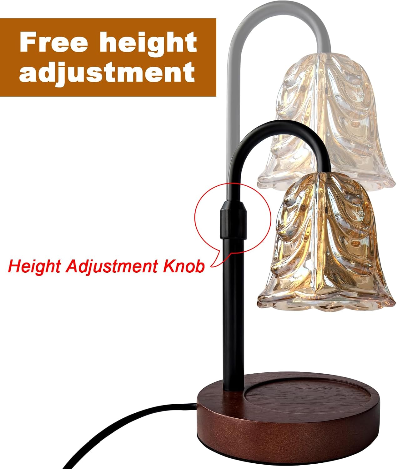 Candle Warmer Lamp with Timer and Dimmer - Adjustable Height Wax Melt Warmer, 4 Brightness Levels, 2/4/8H Timer, Wood Base & Glass Shade, Includes 2 GU10 Halogen Bulbs for Home Decor