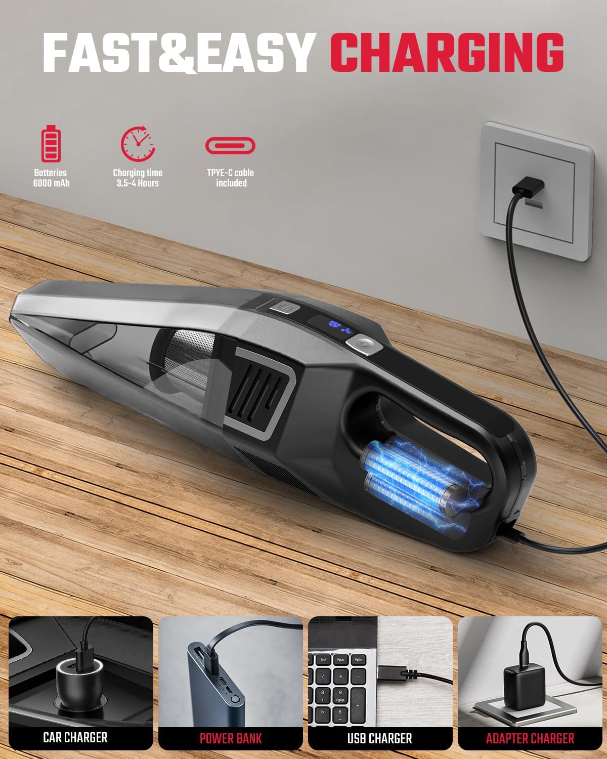 Handheld Vacuum Cordless, 9000PA Strong Suction, 2 Suction Modes, Fast Type-C Charging, Lightweight, Portable Car Vacuum Cleaner with for Home Pet Office