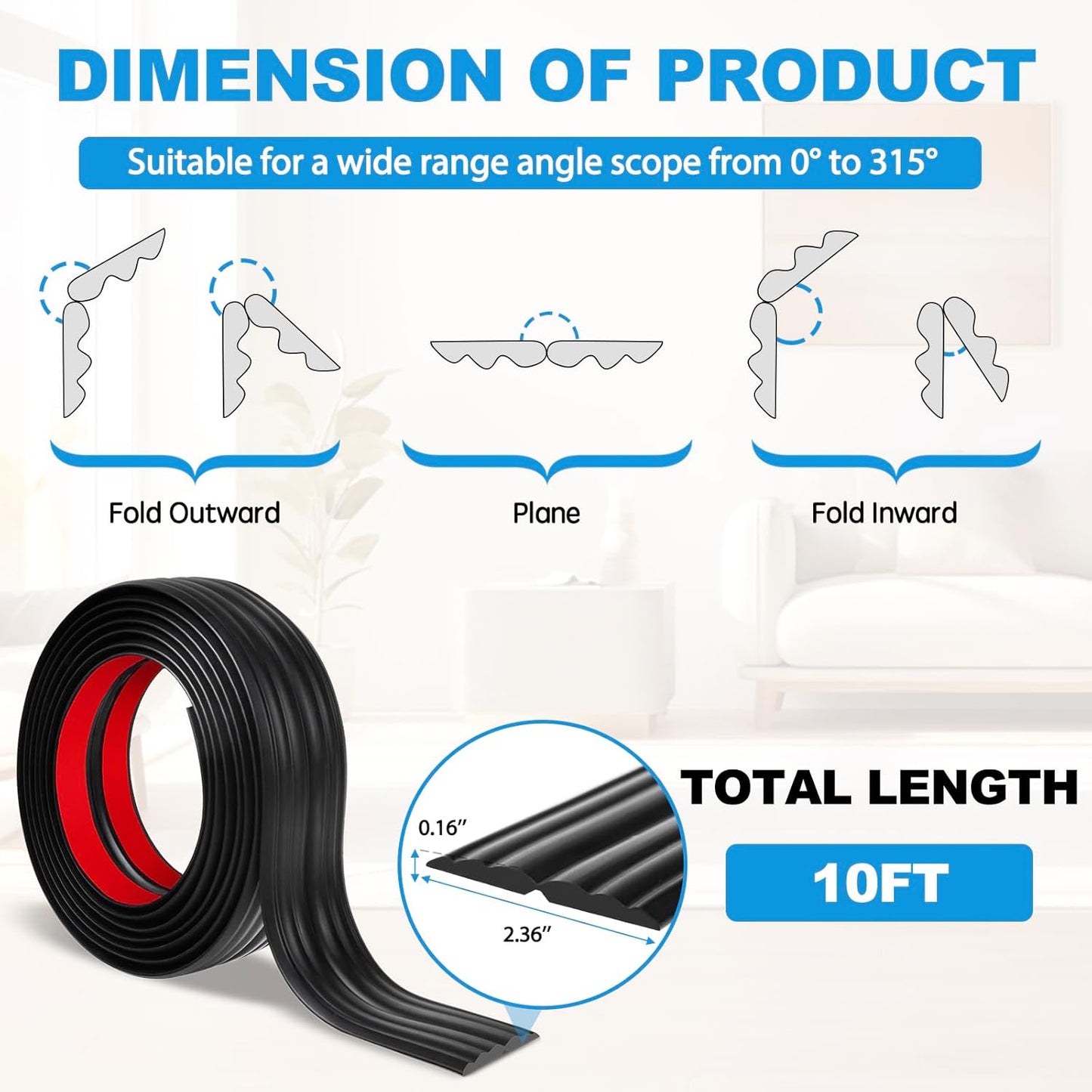 Wall Corner Protector Peel and Stick Corner Trim Molding Flexible Inside & Outside Wall Edge Guard Self Adhesive Moulding Trim for Edge Use, Black, 2.3” W x 10’ L