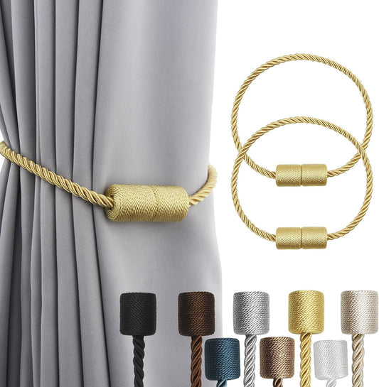 2 Pack Strong Magnetic Curtain Tiebacks Outdoor Elegant Decorative Tie Backs Modern Rope Tiebacks for Drapes Window Curtain Holdbacks for Draperies- Gold