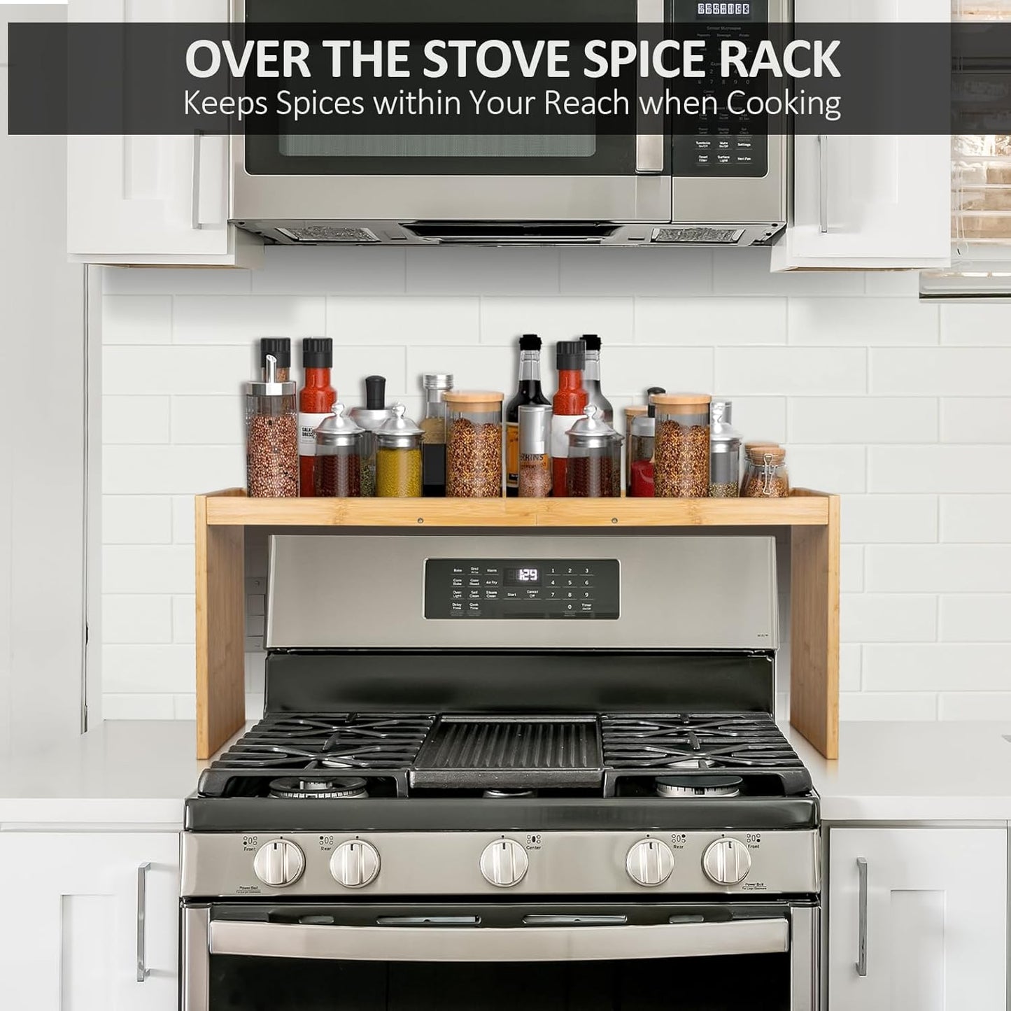 Over the Stove Spice Rack, 33" Wide Bamboo Shelf Rack Organizer for Stove Top