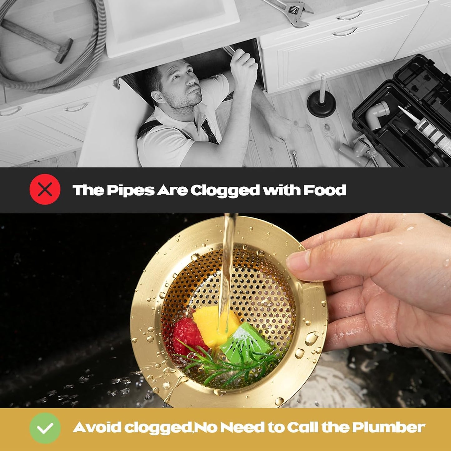 Retisee 2 Pcs Sink Strainer Stainless Steel Kitchen Sink Drain Strainer Basket Cover Mesh Hair Food Catcher, Large Wide Rim of 4.4 Diameter(Brushed Gold)