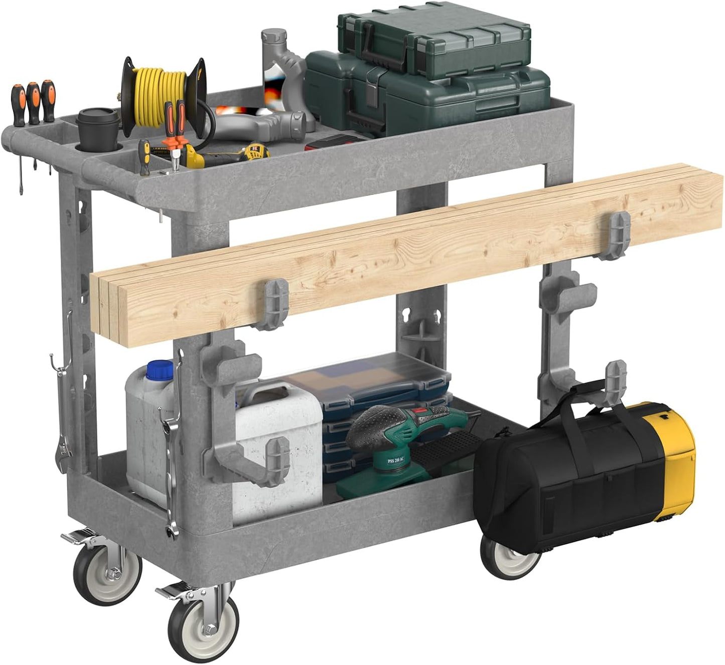 Heavy Duty Rolling Utility Cart with Wheels 2 Tier Utility Plastic Service Work Cart for Shop, Garage, Warehouse, Maintenance 550 lbs